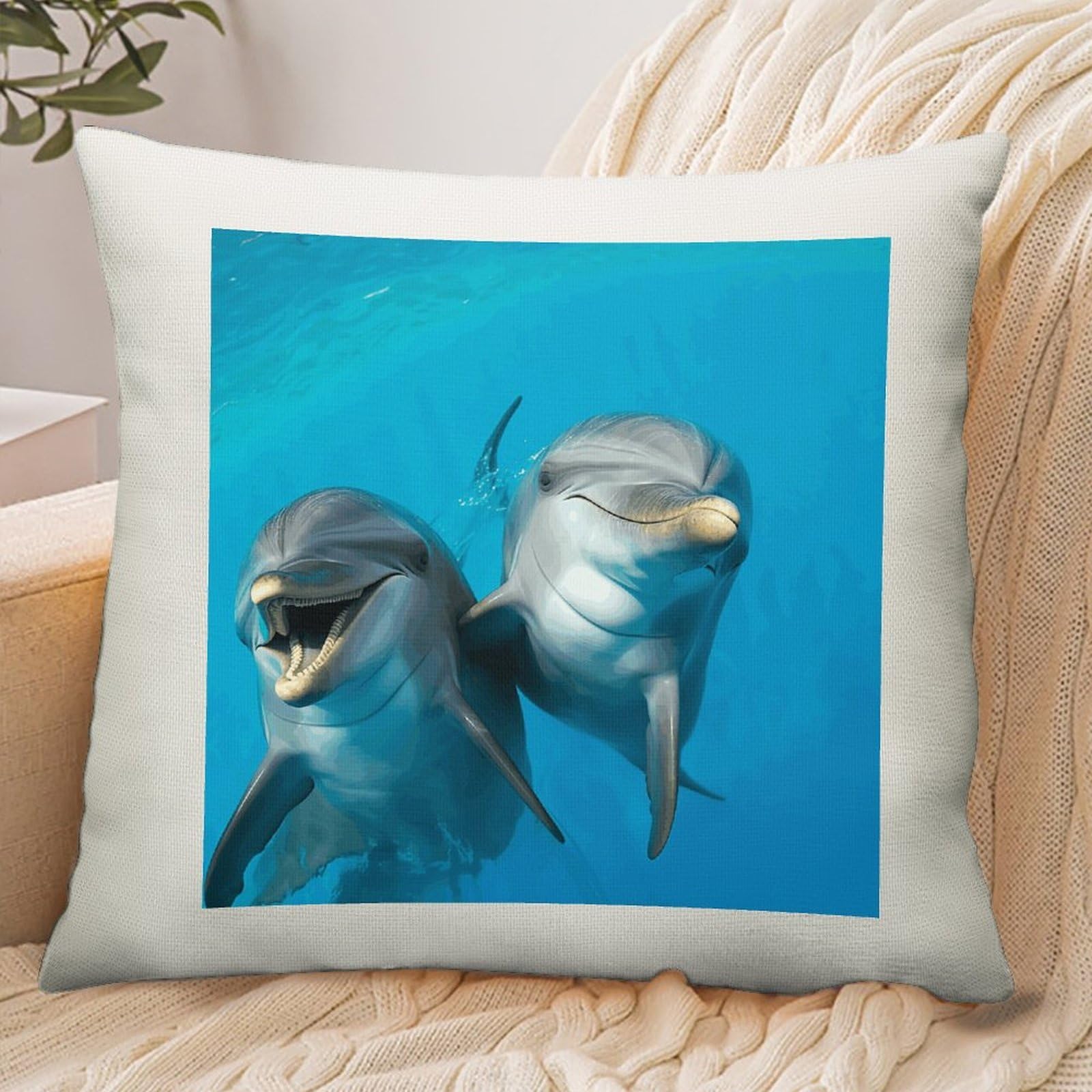 Adfgyerh Style Smiling Face Dolphins Pillow Cover Breathable,Pillowcases Boho Decorative Envelope Closure,Throw Pillow Covers For Beach,Patio,Balcony,Couch Living Room 16 * 16In