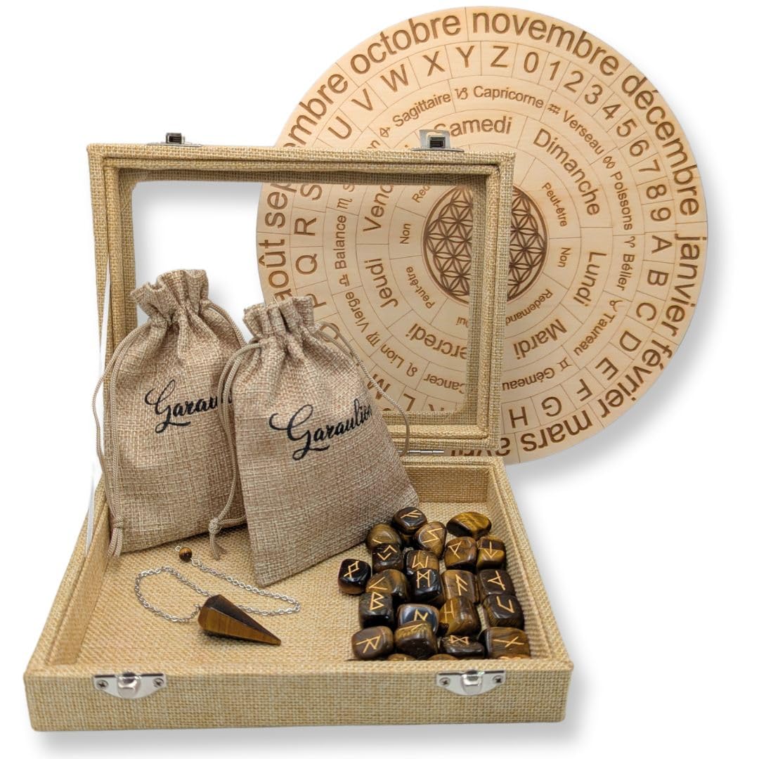 Coffret Divinatoire en Œil de Tigre – Pendule, Runes, Planche de Divination + 2 Guides PDF – Kit Intuition & Protection avec Pochettes et Coffret en Jute