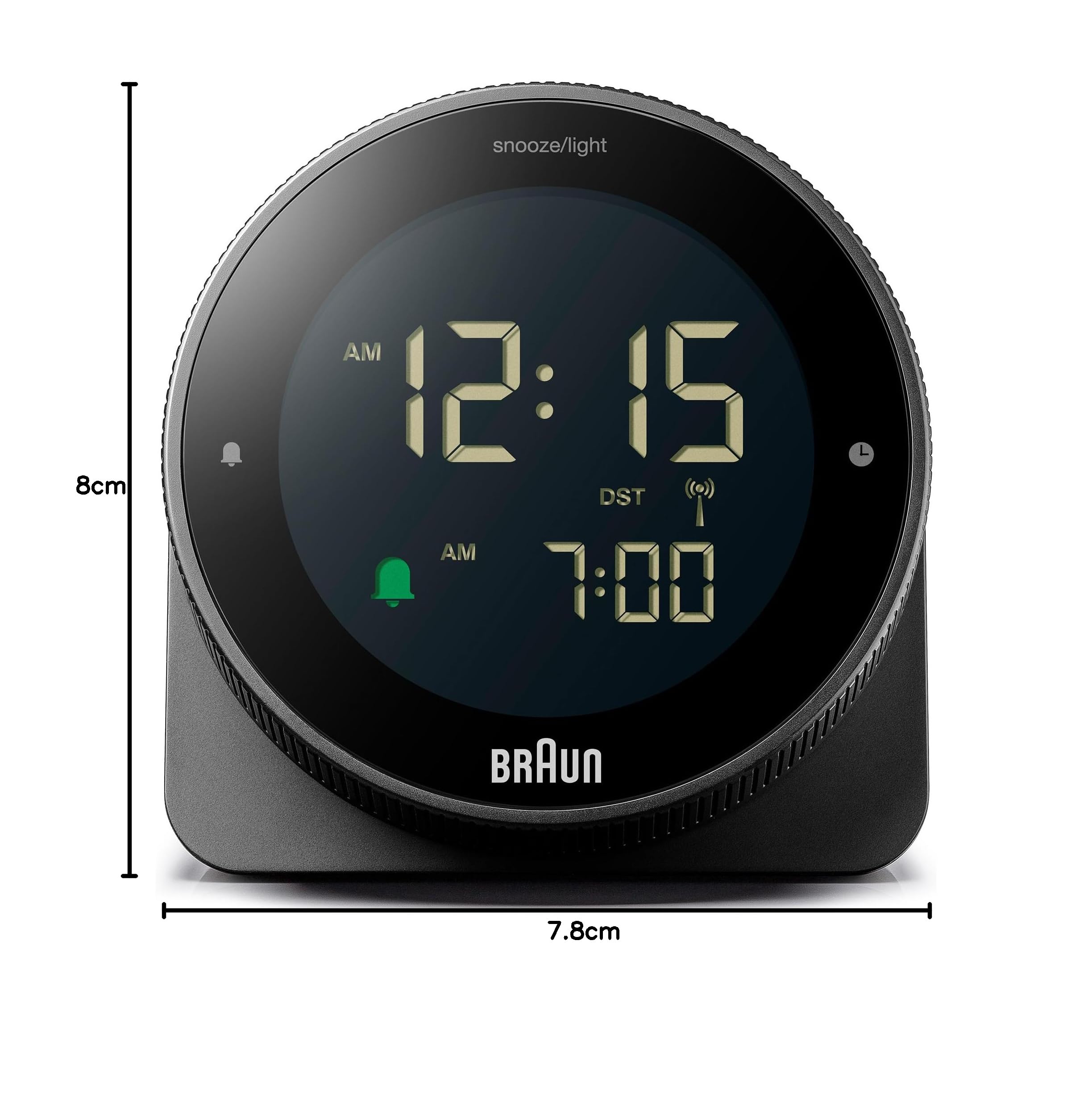 Braun digitaler Funkwecker für die mitteleuropäische Zeitzone (DCF) mit Schlummerfunktion, umgekehrtem LCD-Display, drehbarer Lünette für schnelle Zeiteinstellung, Schwarz, BC24B-DCF