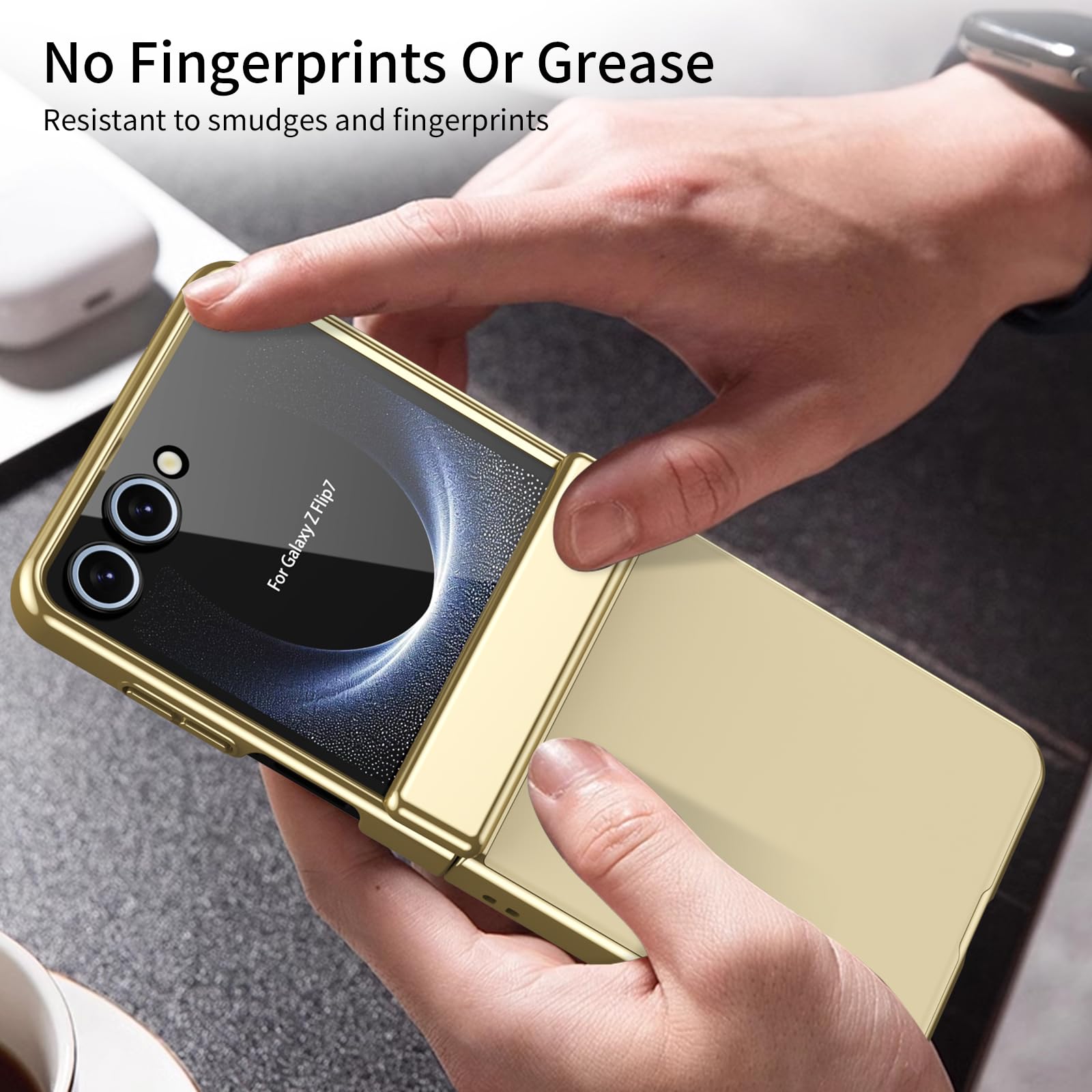 COQUE Funda para Samsung Flip 7,Carcasa con película Protectora integrada, bisagra Dorada galvanizada, Cubierta Completa,Funda Plegable para Samsung Galaxy Z Flip 7 5G-Dorado