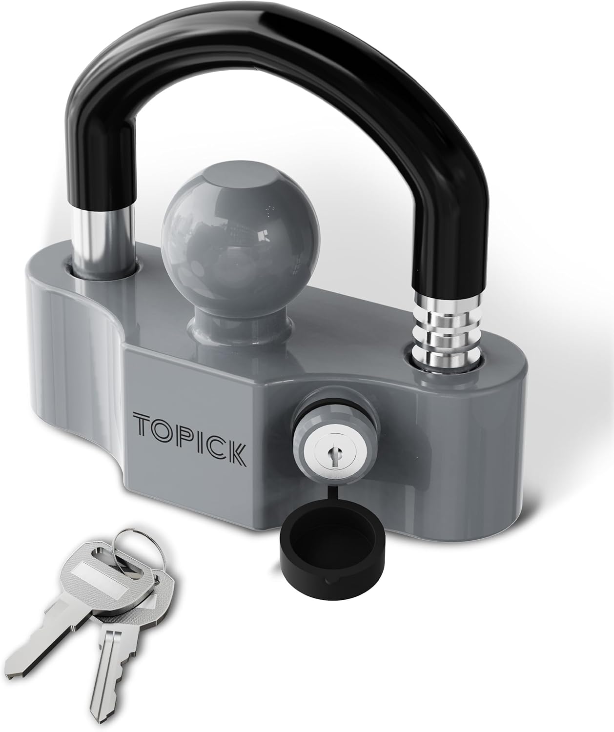 TOPICK Heavy-Duty Trailer Coupler Lock with PVC-Coated U-Bolt, Universal Fit for 1-7/8", 2", 2-5/16" Hitch Couplers, Anti-Theft Security for RV, Boat, Utility Trailers, Grey