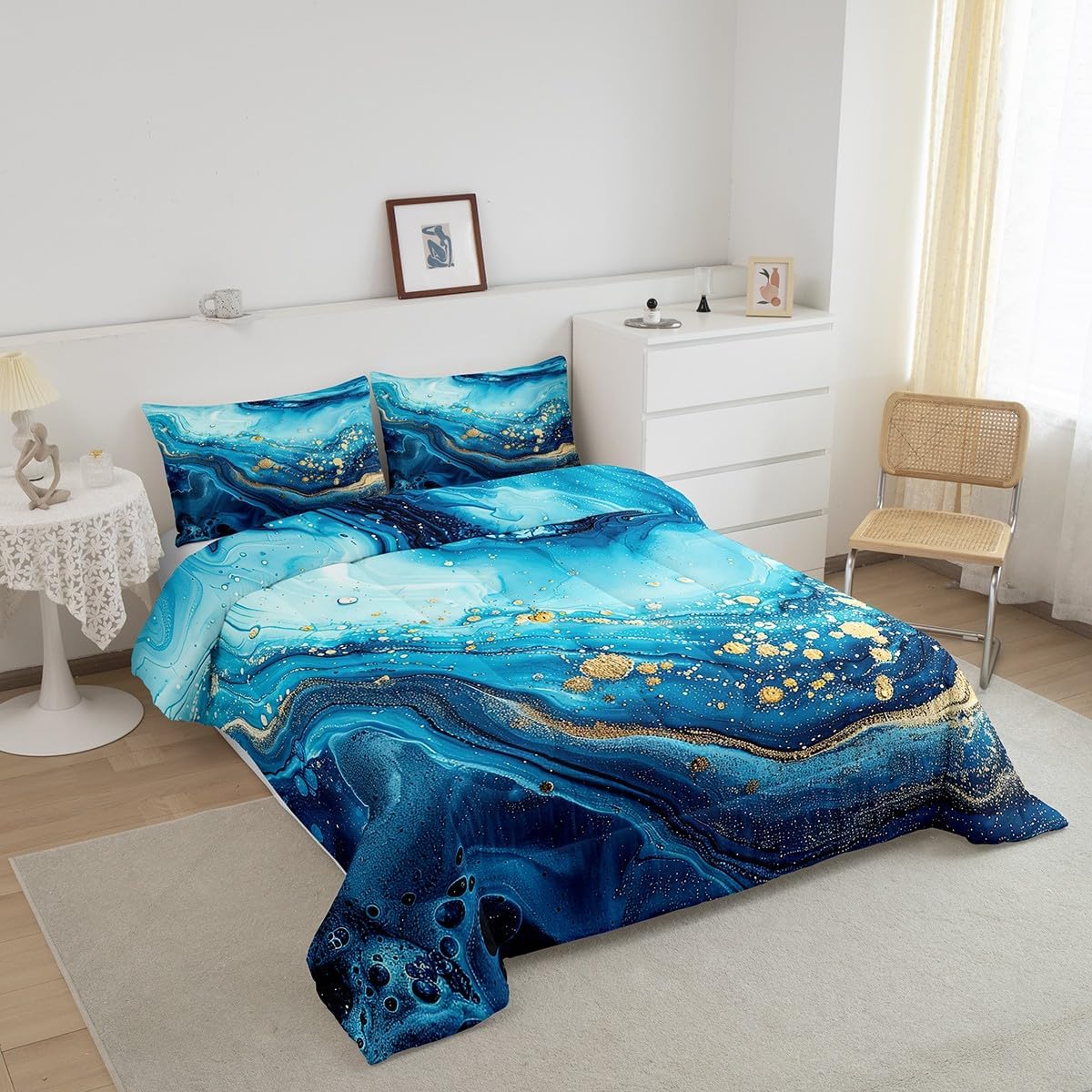 Blue Marble Comforter Set Twin White Texture Bedding for Teen Boy Soft Lightweight Warm Quilt Set,Teal Blue Stone Grain Print Duvet Insert for Kid Girl Retro Style Watercolor Artwork Down Alternative