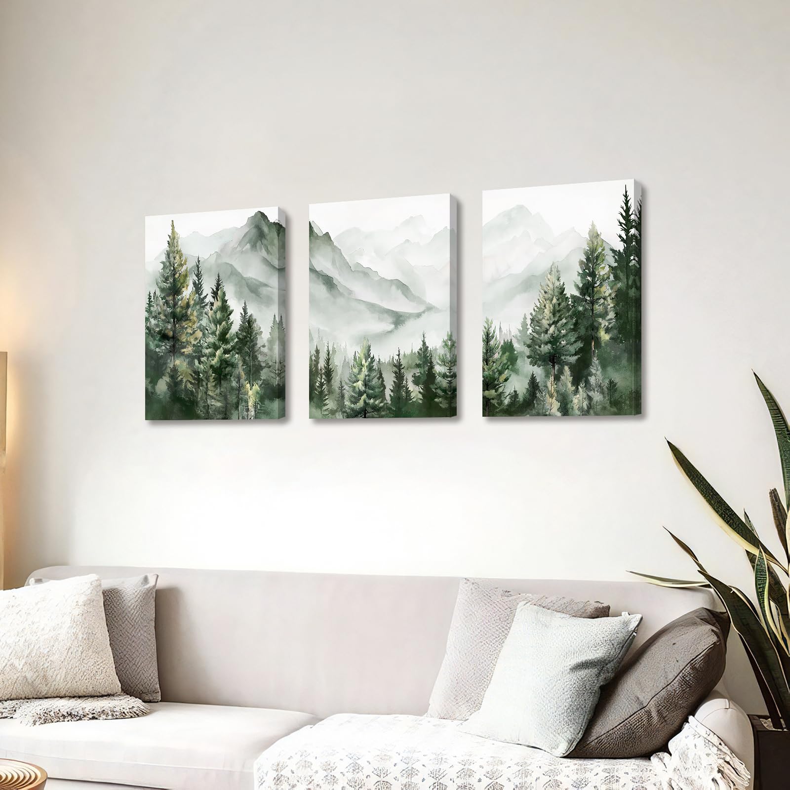 3 Pcs Wooden Framed Canvas Wall Art Set Bohemian Sage Green Canvas Prints Poster Geometric Line Beige Green Pictures for Living Room Bedroom Dinning Room Hallway Stairs Wall Decor 30x40cm x3pcs — view 195