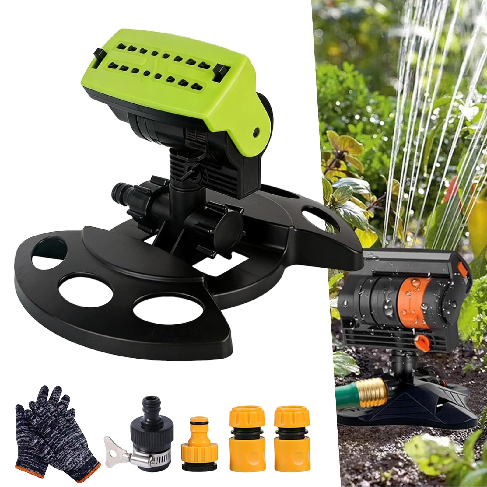 Arroseur oscillant à 16 buses avec minuterie d'arrosage double zone, arroseurs d'eau réglables pour pelouse, cour, jardin, système d'irrigation automatique robuste (vert)