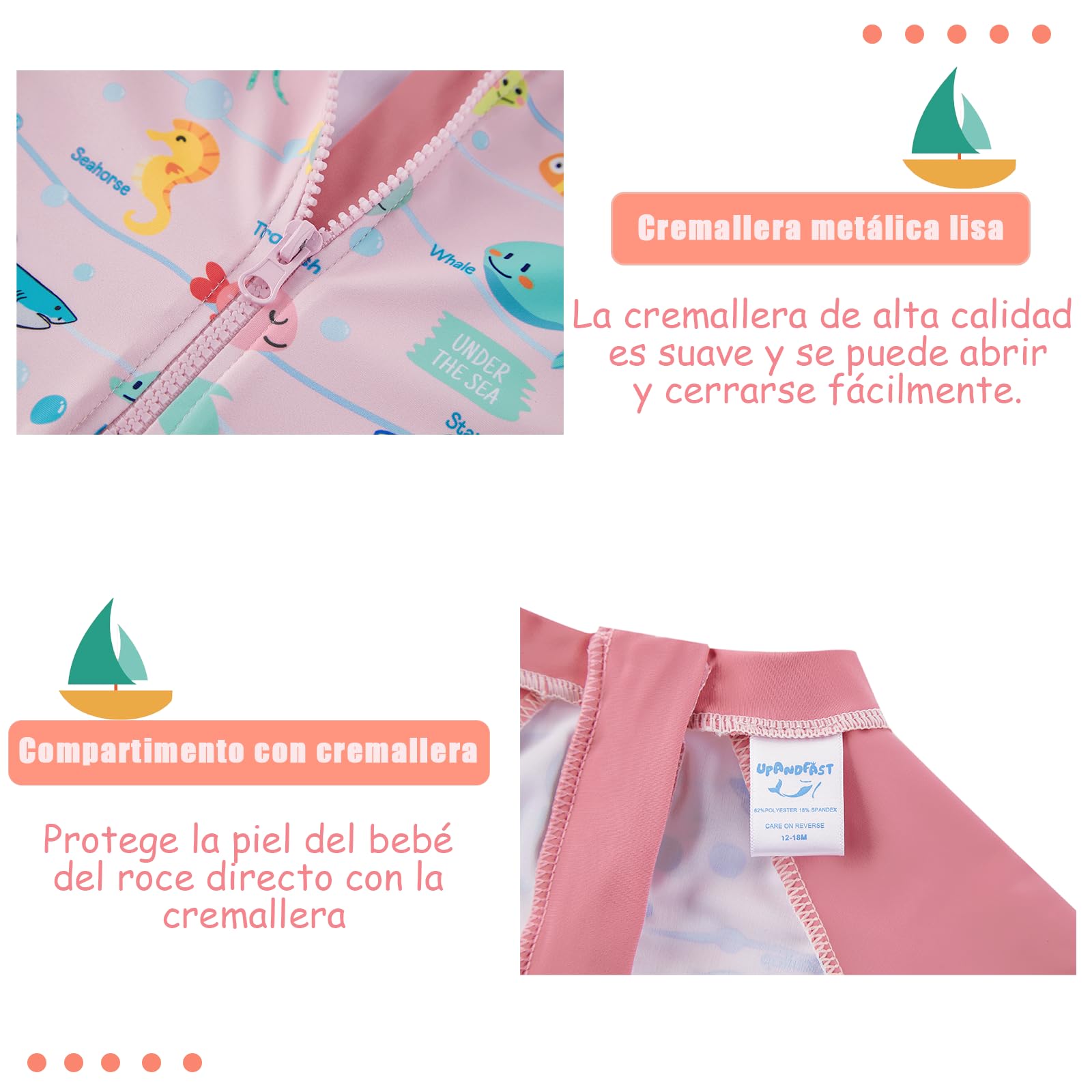 upandfast Traje de Baño Infantil UPF 50+ con Cremallera Trasera Segura y Broches en Entrepierna - Traje de Sol para Cambio Rápido de Pañal (3-36 Meses)