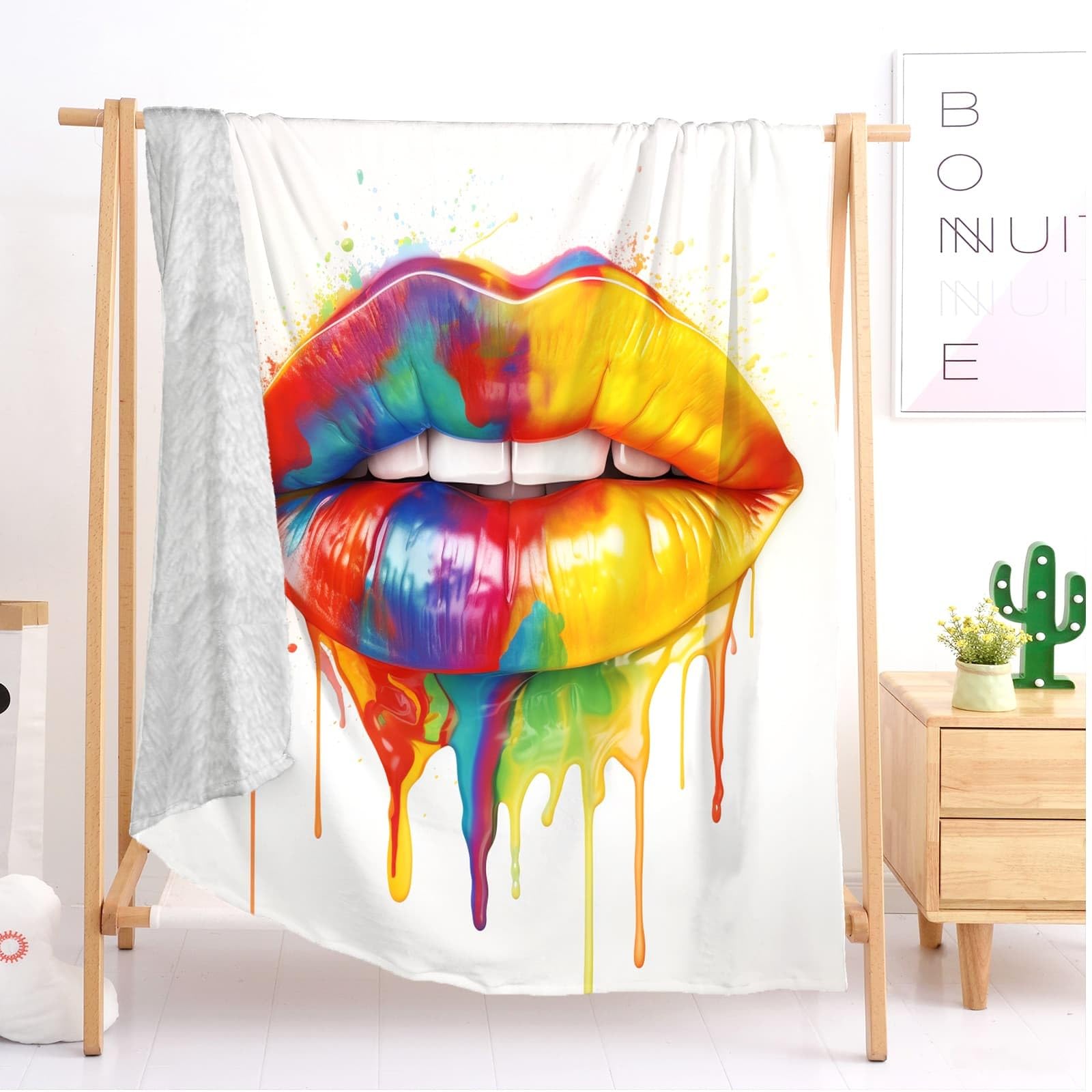 Genérico Sherpa XXL 180x200cm Arte De Labios ArcoíRis Esponjoso Franela Suave cálida y Ligera Lavable a Máquina Blanco Mantas de Lana Sofá Manta para Niños y Adultos