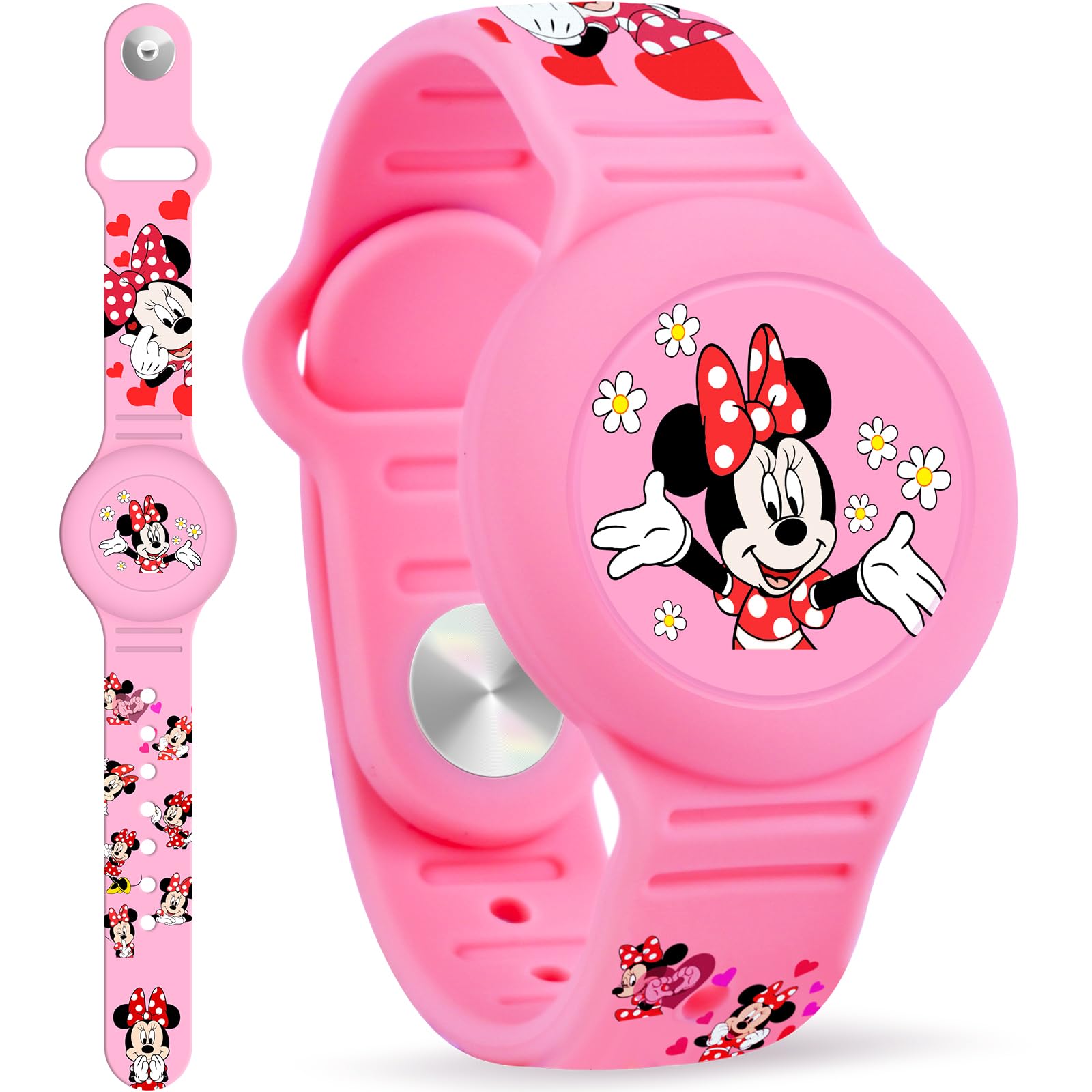 Photo 1 of Waterproof Airtag Bracelet for Kids, Cute Cartoon Silicone Air Tag Holder Hidden Design, Light Weight Compatible with Apple AirTag Wristband for Child, Pink
