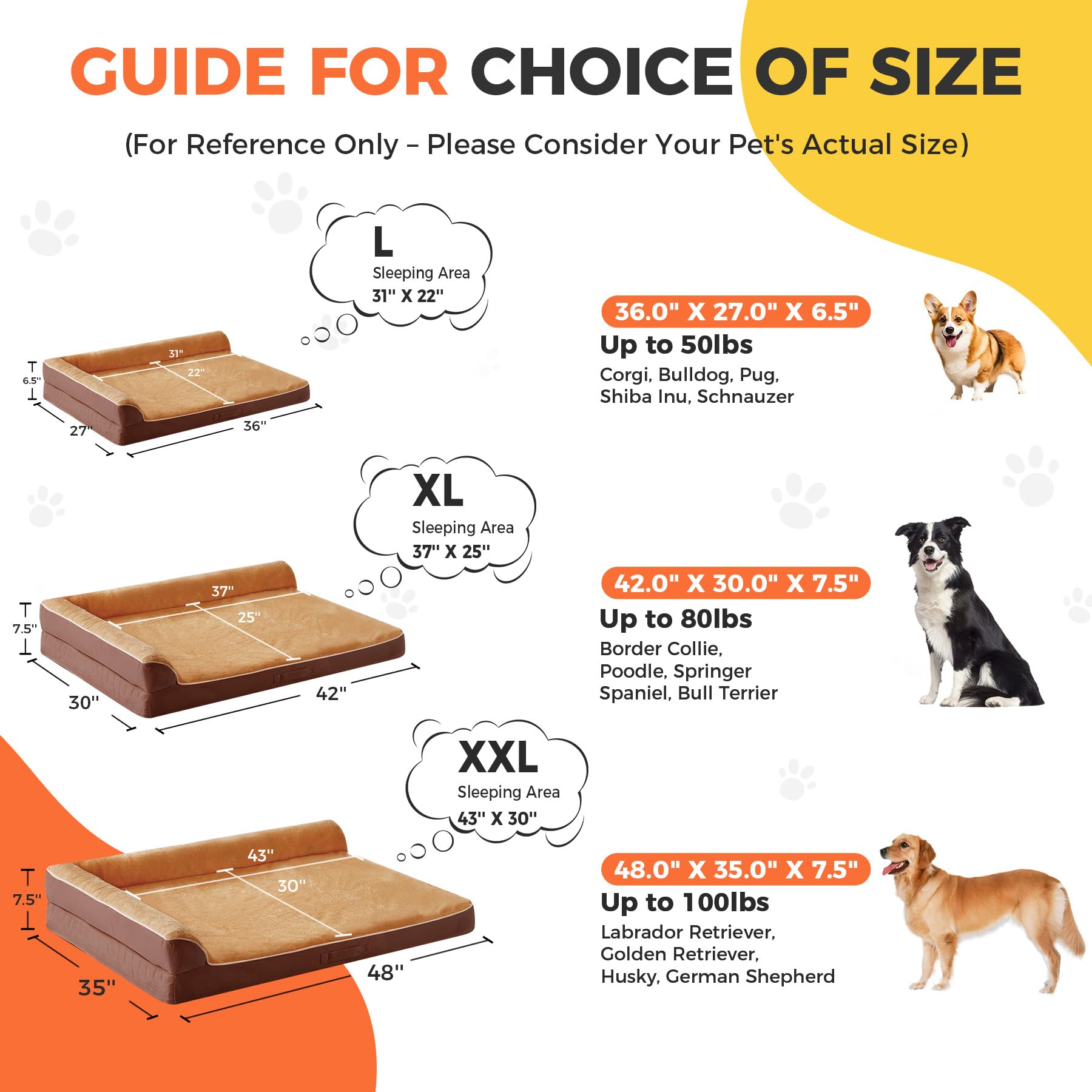 Dog Bed Large Sized Dogs, XL Orthopedic Dog Bed for Large Dogs, Waterproof Pet Bed with Washable Removable Cover, L-Shaped Pet Couch with Portable Handle 42"x30"x7.5", Brown - image 4