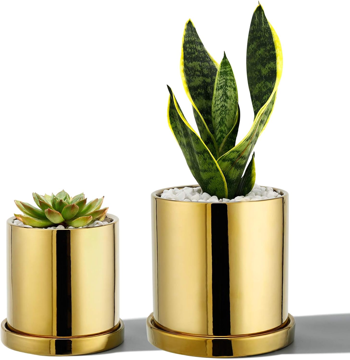POTEY Ceramic Pots for Plants - 3.8 inch + 5.1 inch Planter Cylinder Flower with Drain Hole Sacuer Minimalism for Indoor Garden Glazed - Set of 2, Golden
