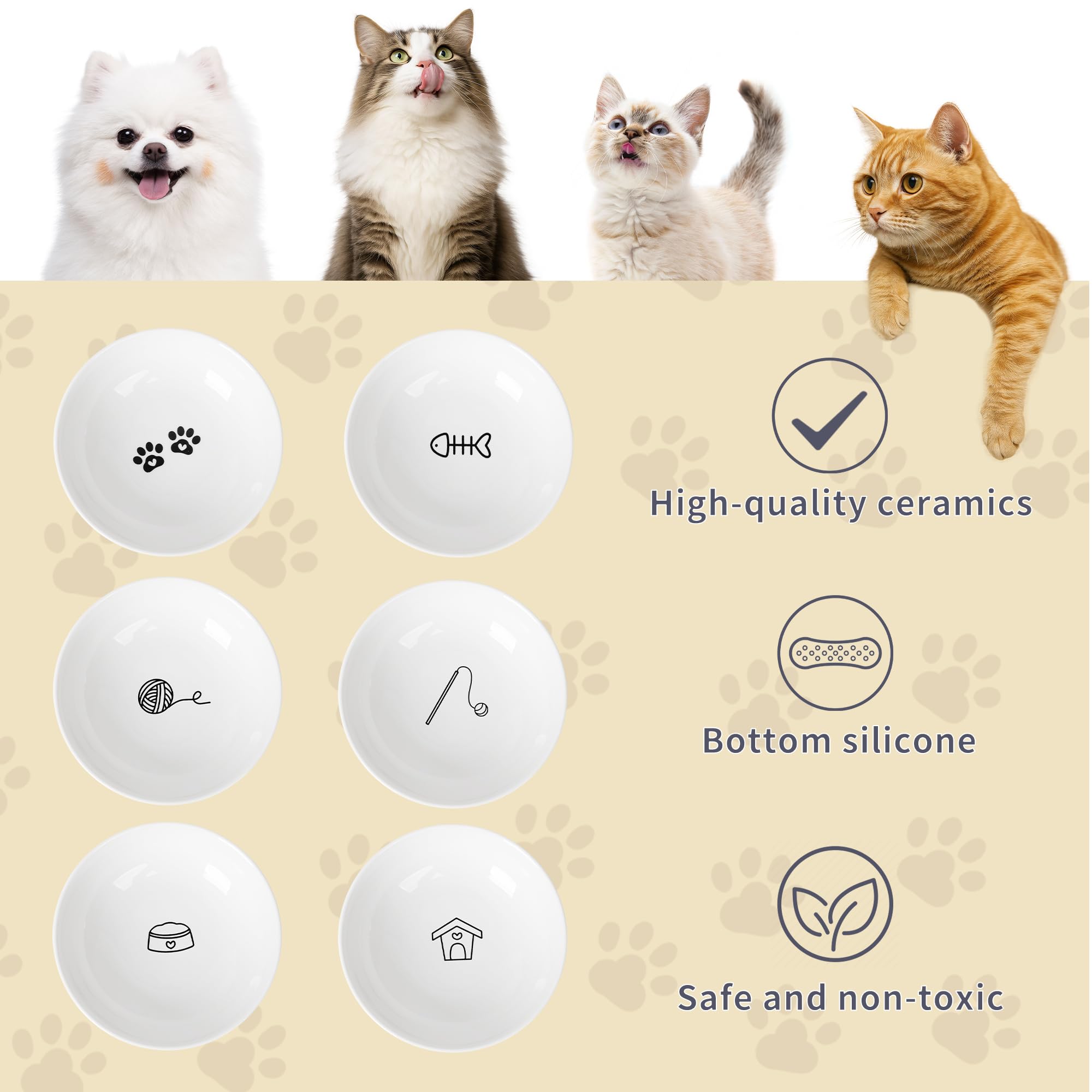 Lot de 6 gamelles pour chat en céramique anti-moustaches et fatigue - Assiettes peu profondes pour nourriture humide et sèche et eau - Base en silicone antidérapante (éléments classiques