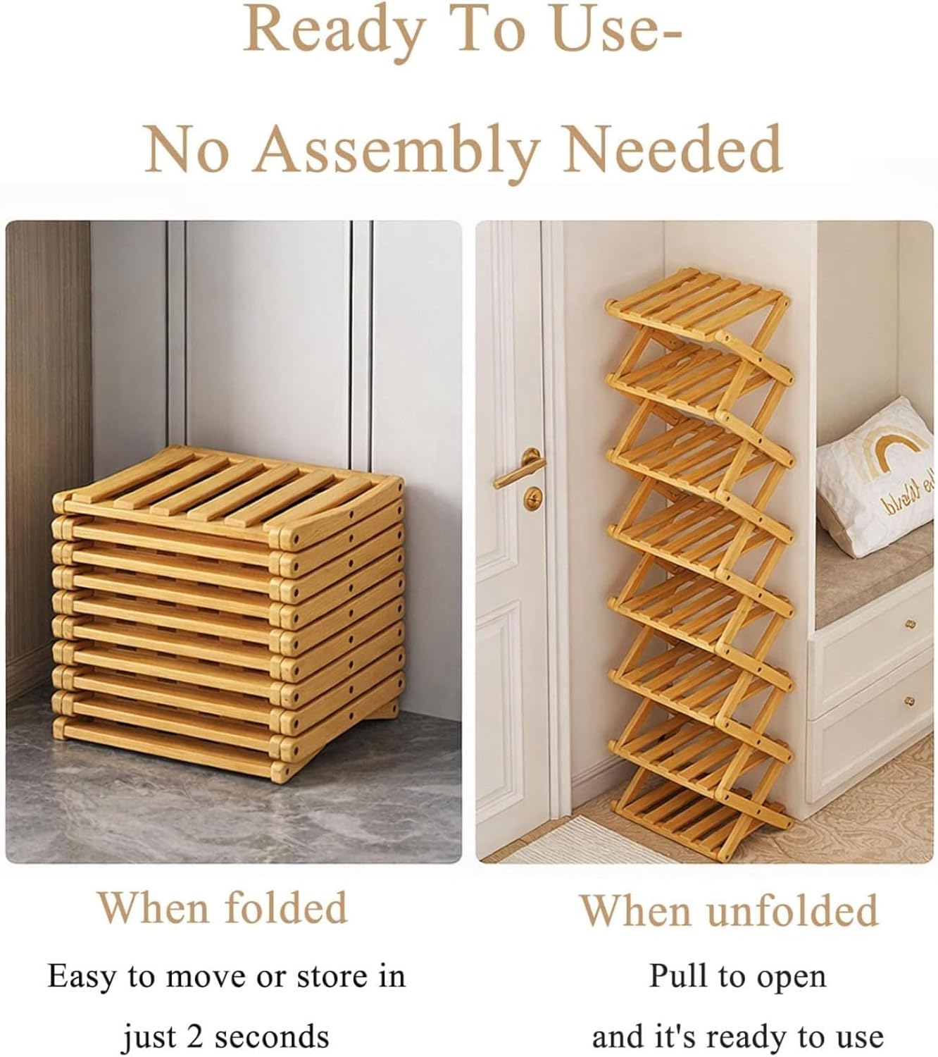 9-Tier Bamboo Shoe Rack, Foldable & Adjustable (2 to 9 Tiers), No-Tool Assembly in Seconds, Space-Saving Vertical Organizer for Entryway, Closet, Apartment - Holds 60 Pairs, Easy Clean (Nature,3 Tier)