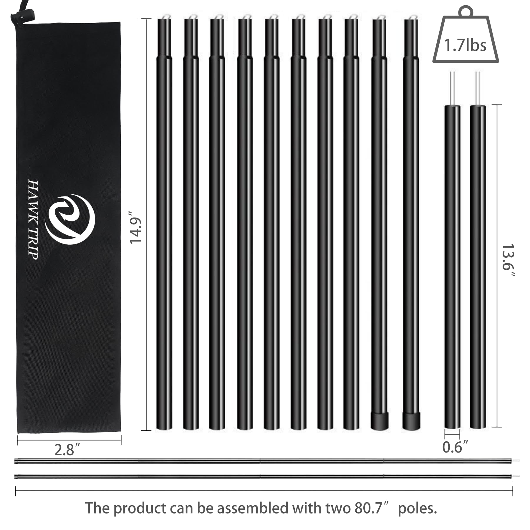 Camping Tarp Poles Tent Poles Adjustable for Tarp Canopy Awning Beach Shade (Dia 0.6