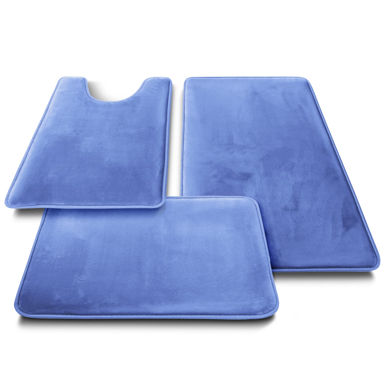 Clara Clark Lot de 3 Tapis de Bain en Mousse à mémoire de Forme Ultra Doux, antidérapants et absorbants – Petit/Grand/Grand/Contour, Bleu Calme