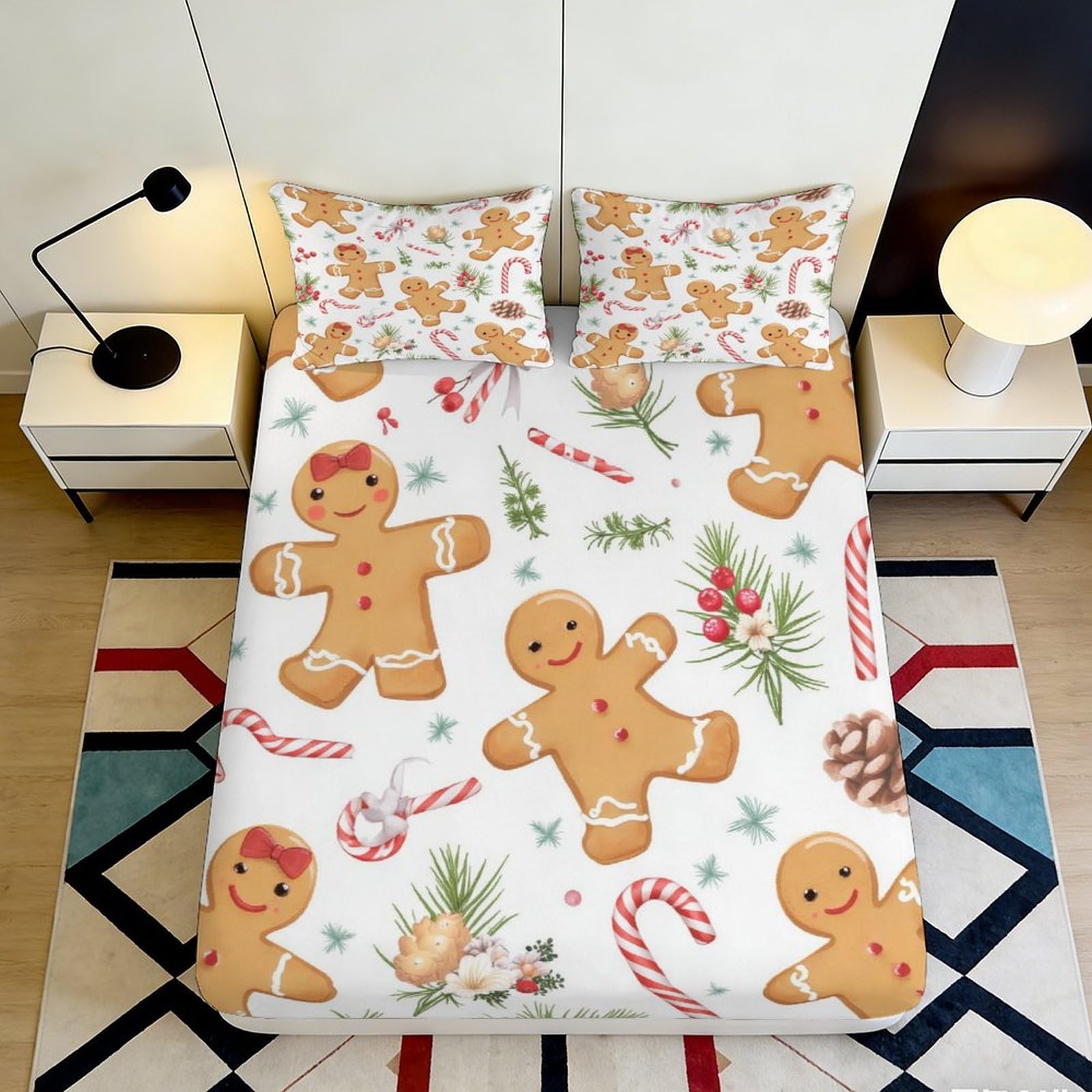 3D Printed Gingerbread Candy Fitted Sheet Microfiber Christmas Pine Mattress Cover for Bedroom Guest Room Holiday Decor 90x200x25cm