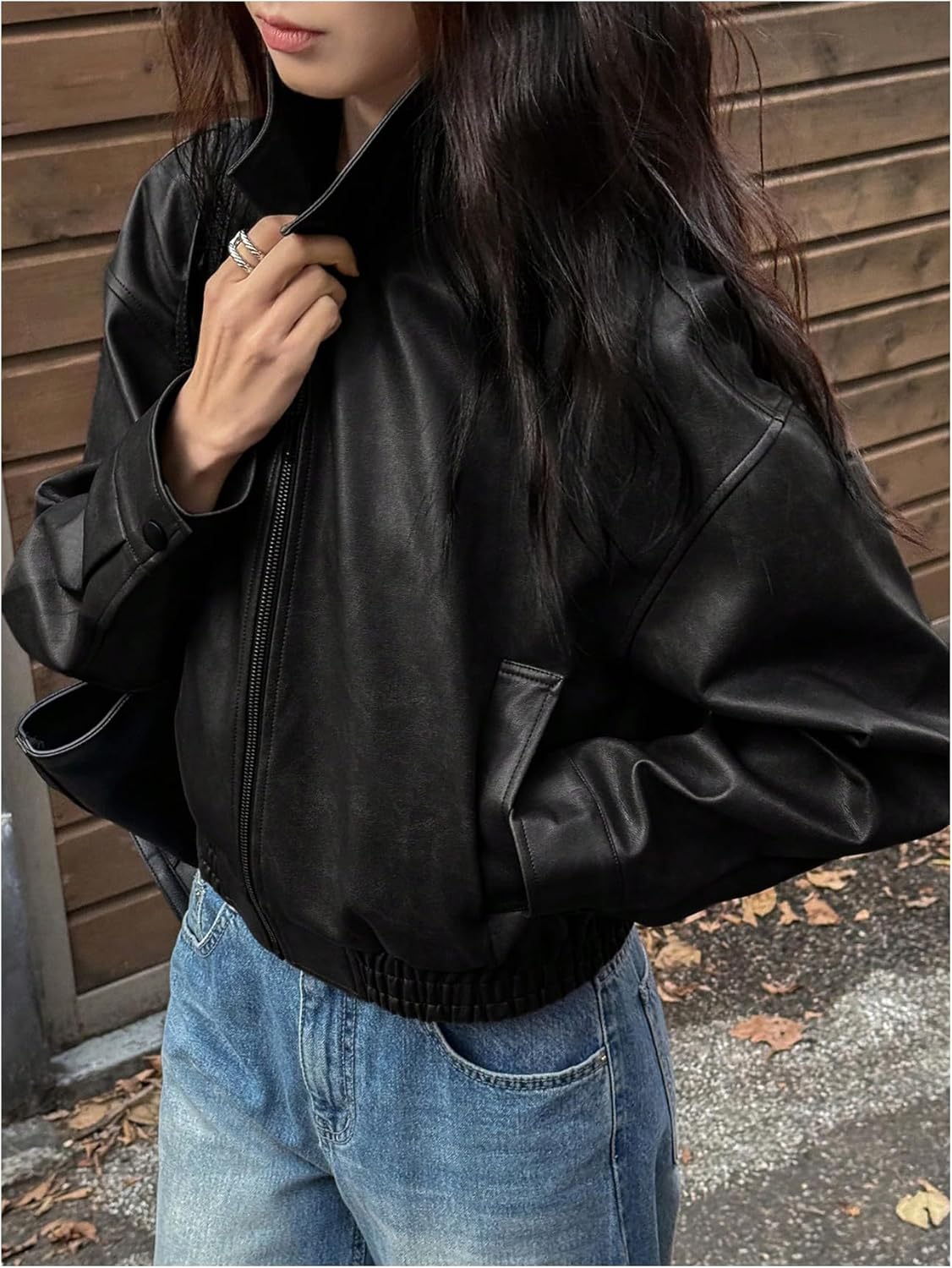 Milumia Women's Faux Leather Zip Up Jacket Vintage Collared Long Sleeve Motorcycle Jackets - Image 5