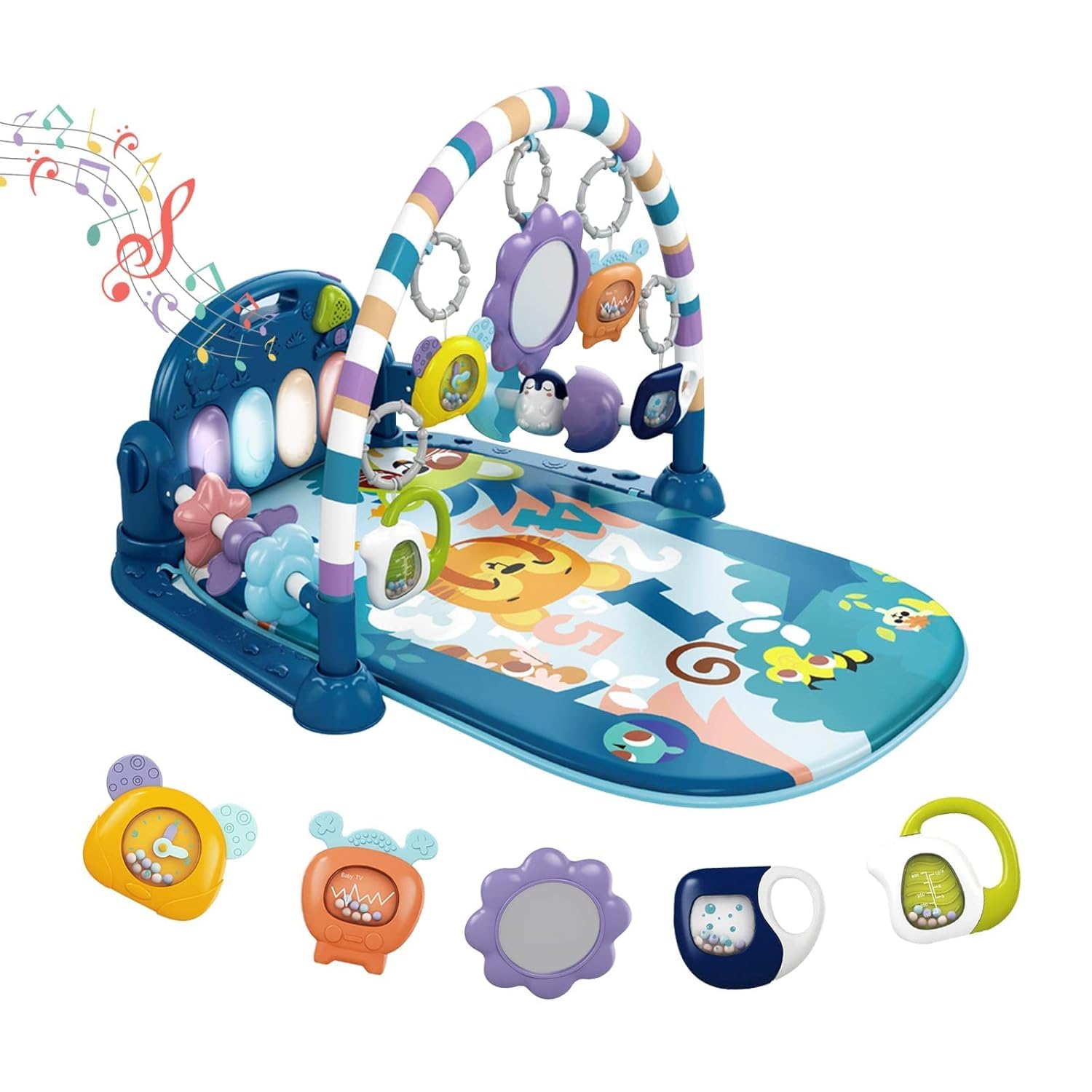 Baby Play Mat Baby Gym,Funny Play Piano Tummy Time Baby Activity Mat with 5 Infant Sensory Baby Toys, Music and Lights Boy & Girl Gifts for Newborn Baby 0 to 3 6 9 12 Months (Blue Tiger)
