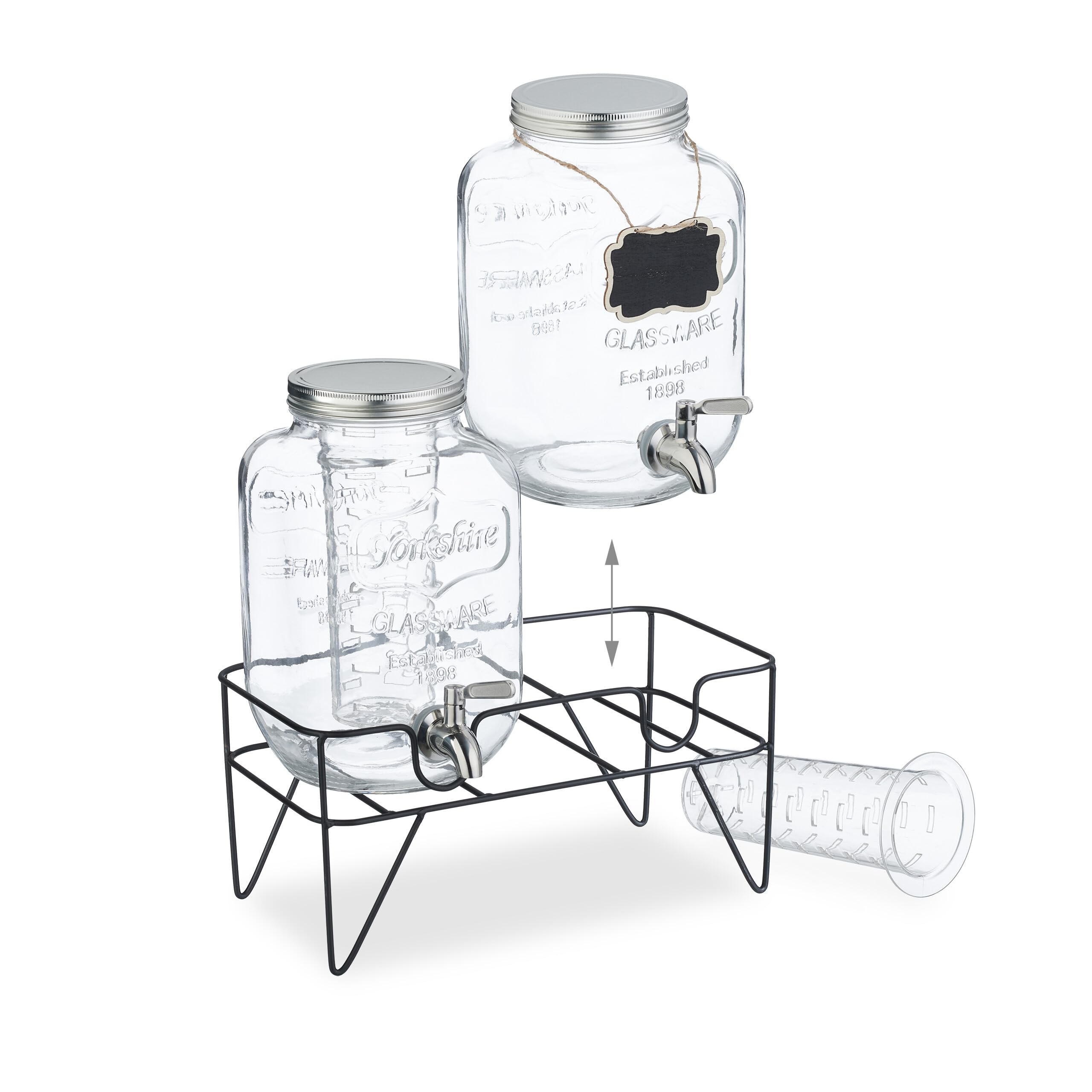 Relaxdays 2 Dispenser in Vetro per Bevande, Erogatore con Rubinetto in Acciaio Inox 4 L, Distribuitore Acqua e Limonate