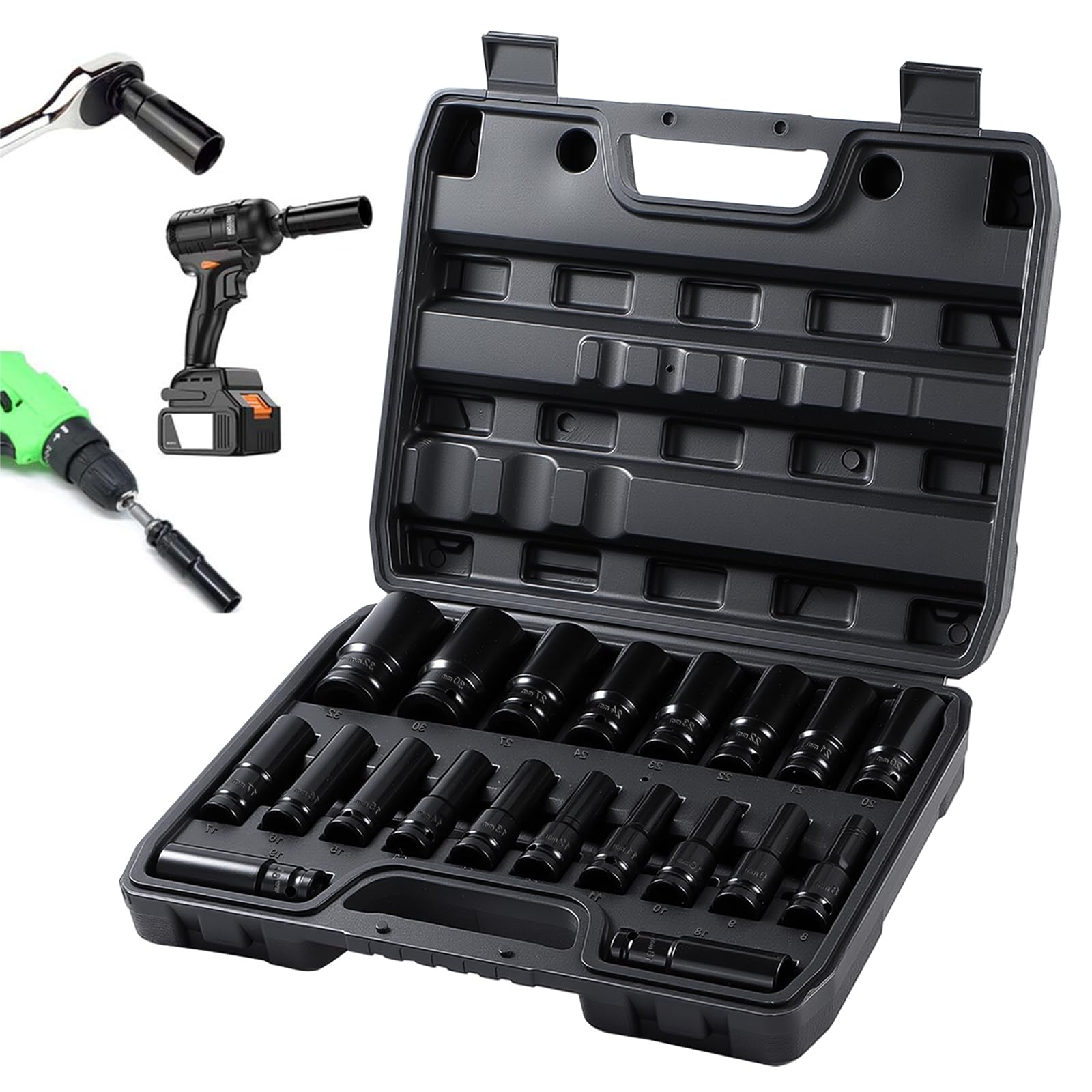 Putentfun 20-Pc Deep Impact Socket Set 8-32 MM Hex Long Metric 1/2 Inch Impact Wrench CR-V 6pt Socket Set with Storage Box — image 1