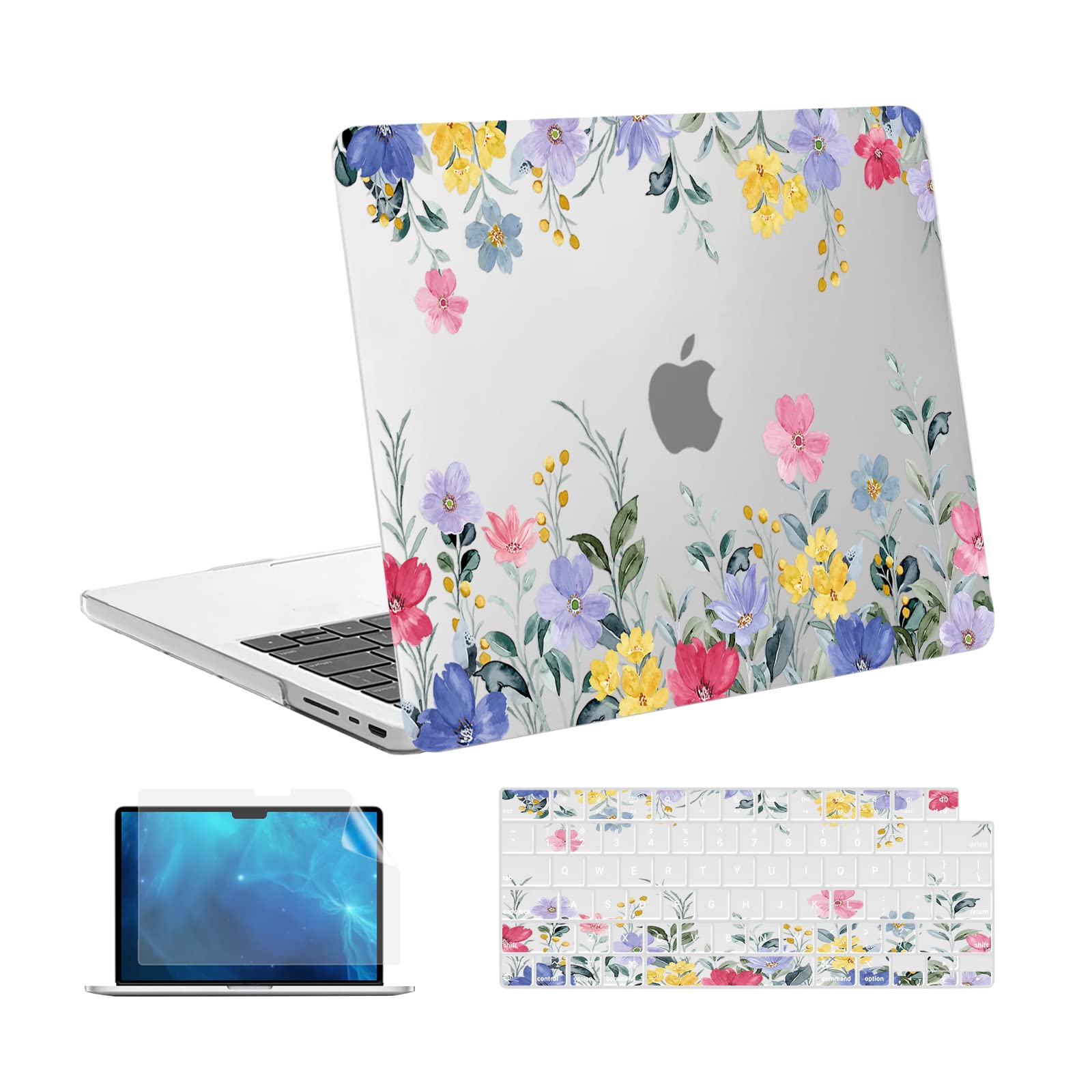 Instellar Compatible with MacBook Pro 14 inch Case 2021 Release A2442 M1 Pro / M1 Max with Touch ID, Non-Slip Fully Vented Hard Shell Case+Keyboard Cover+Screen Film, Wild Floweret