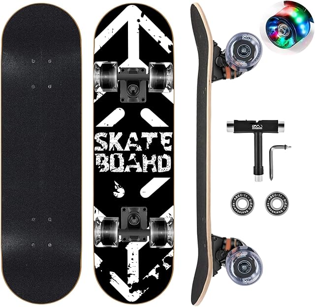GIEEU Skateboards with Colorful Flashing Wheels for Beginners,Kids,Teens,Adults, Complete Standard Skate Boards 9 Layer Canadian Maple Deck Concave Skateboard