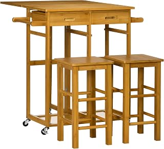 HOMCOM Juego de Mesa Alta de Bar y 2 Taburetes, Mesa Alta de Cocina de Bambú con Ruedas, Tablero Plegable, Ahorro Espacio, Cajones, Toalleros y Reposapiés, Marrón