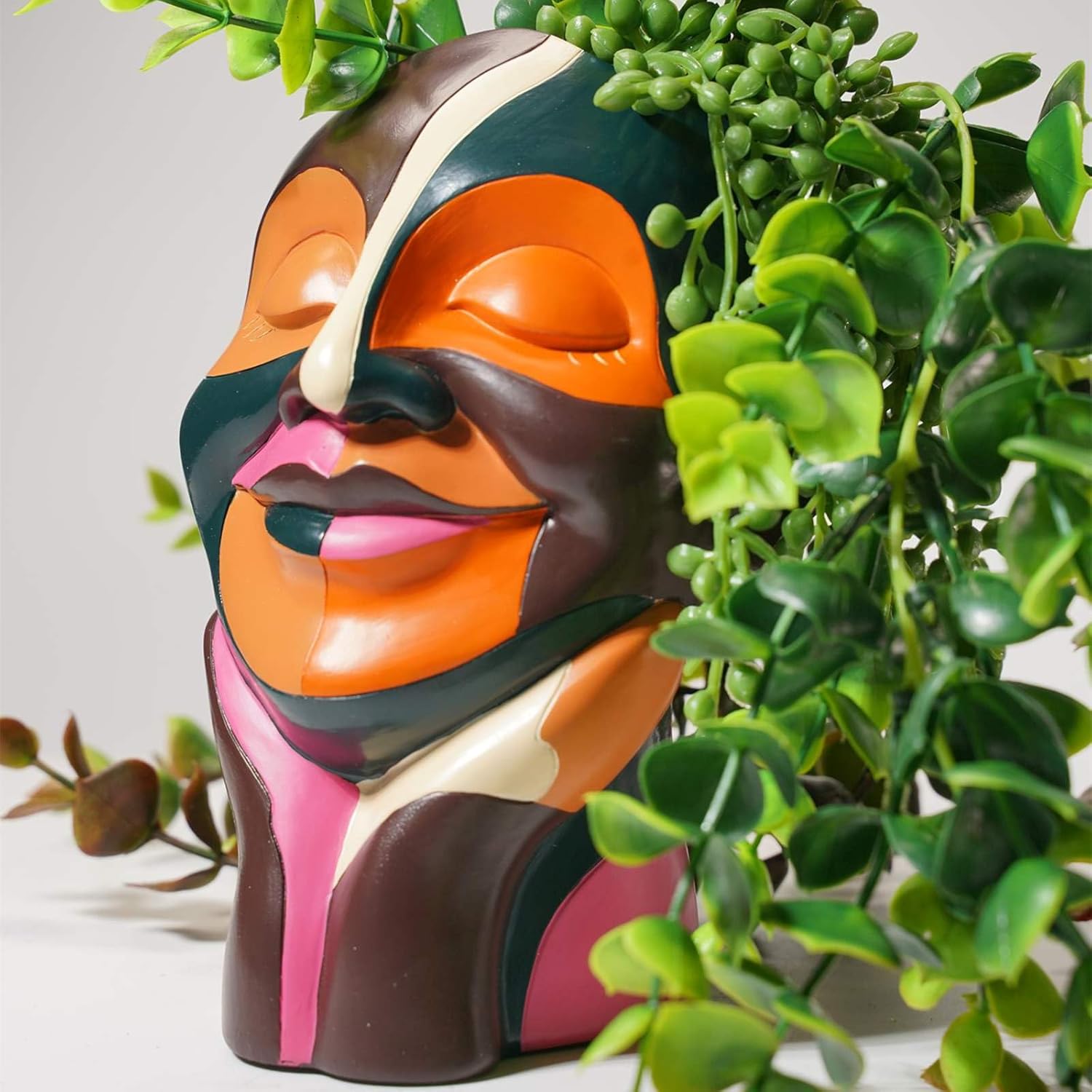 Abstract Face Plant Pots, Colorful Smiling Head Flower Pots for Home Decor, Unique Cute Planters Hand-Painted, Funny Eclectic Body Vases, Boho Modern Art for Desk Shelf Decoration (Chocolate&Orange)