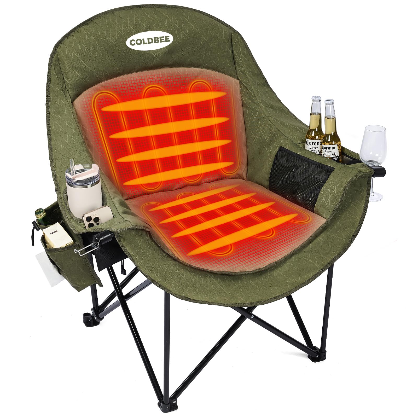Heated Oversized Camping Chair, Heavy Duty Padded, Thick Headrest, Green | Battery not included, Strap Opener, Seniors, Big & Tall adults, Folding lawn chairs, Convenient hook, Phone pocket