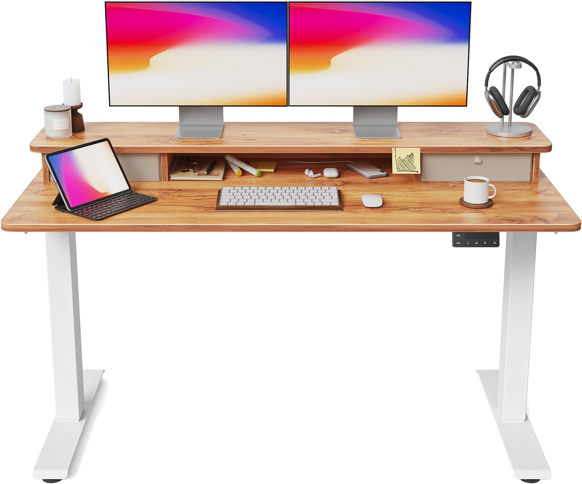 Electric Standing Desk, Height Adjustable Desk with 2 Storage Drawers and Monitor Storage Shelf, 3-Level Smart Hand Controller, Digital Display, Splice Board Desktop, 140x60 cm, Light Brown