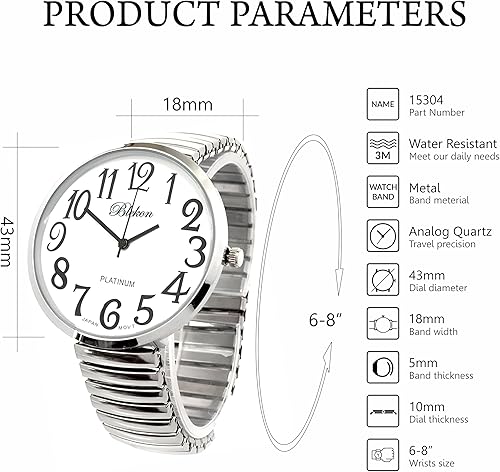 Miniatura 2 de Blekon Collections PC21J Reloj de moda con banda elástica extra grande de 1.693 in, color plateado, tamaño de la caja blanca