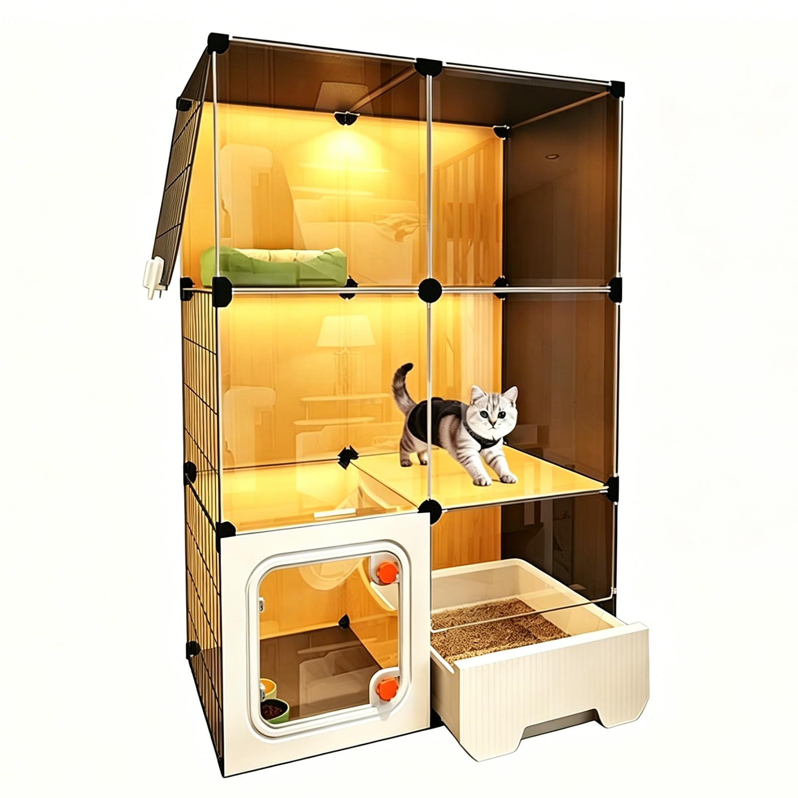 Cat House Indoor Large Cat Cage with Cats Toilet,Outdoor Cat Cages Indoor Cats Bed with Litter Box, Litter Scoop,Cat Bed,Cat Bowl,Easy Installation (M-71x46x106cm)