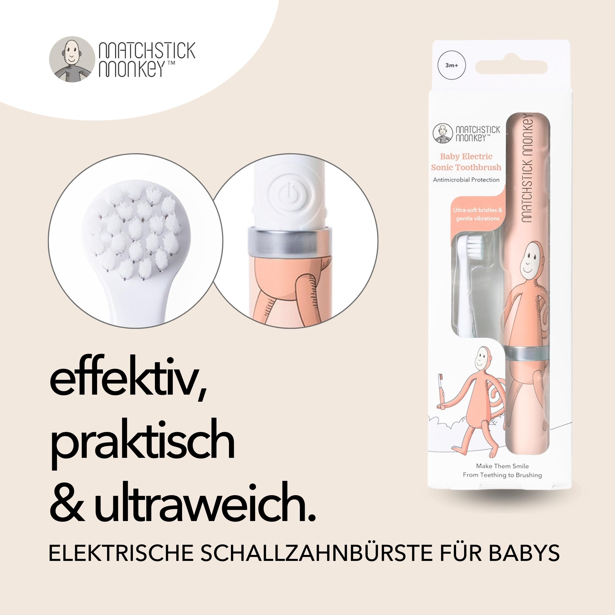 Matchstick Monkey Baby Electric Sonic Toothbrush, Antimicrobial Protection, Suitable from 3 Months, Dusty Pink