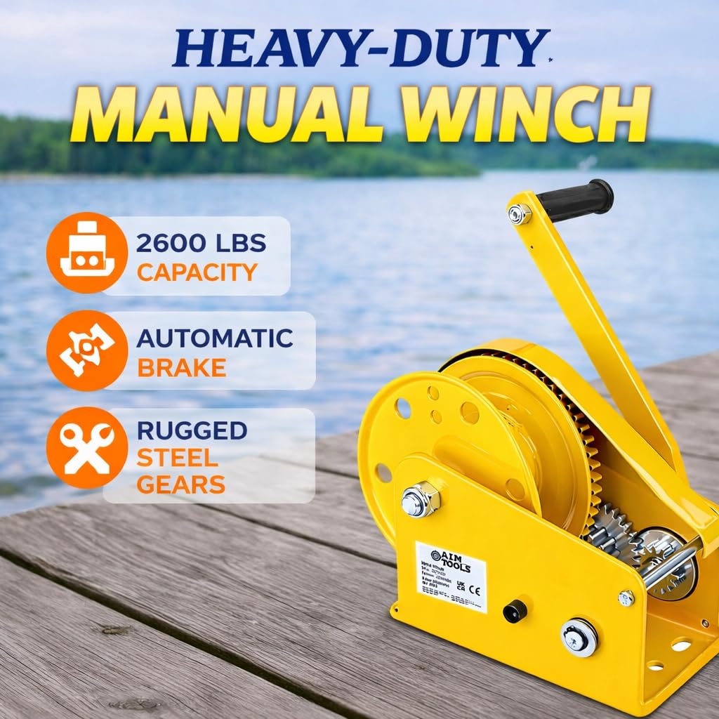 AIM Tools Cabrestante Manual 2600 lbs 1180 kg con Freno Automático, Torno de Manivela para Remolque de Automóvil, Barco, Camión Tracción y Elevación 325638