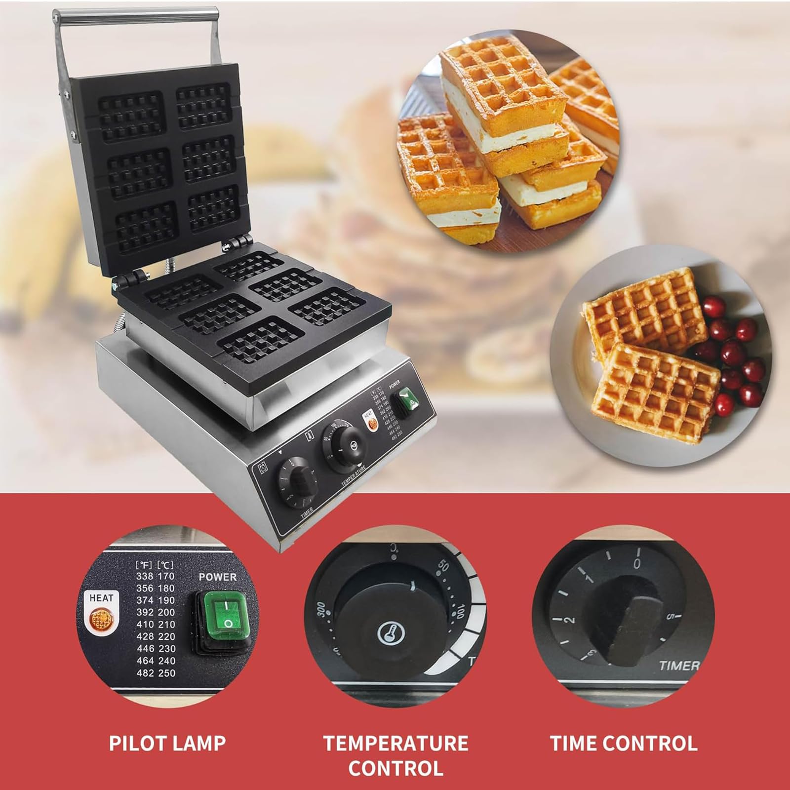 Máquina para Hacer Gofres Comercial, 1750 W 6 Piezas Gofres Belgas Antiadherente con Control De Temperatura y Tiempo, Eléctrica Waffle Maker para Restaurante,Hotel,Fiesta,Cafeterías
