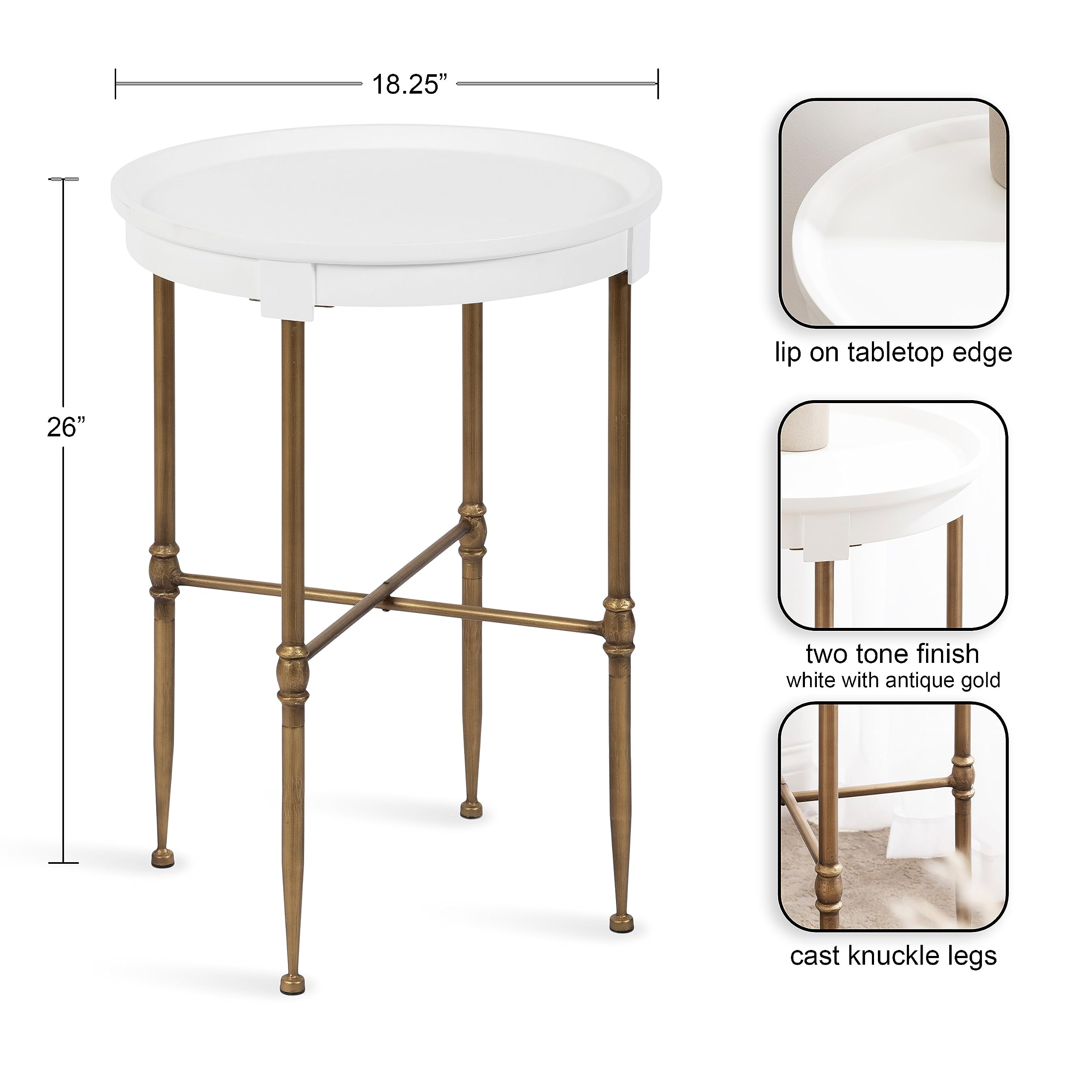 Kate and Laurel Valdi Modern Round Side Table; 19 x 26; White and Antique Gold; Glam Circle End Table with Geometric Metal Base and Raised Edge Tabletop