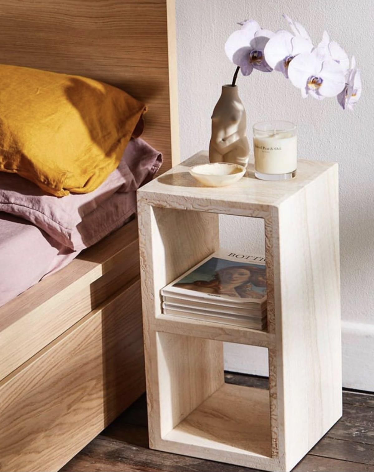 Solid Wood Bedside Table with Open Shelves, Natural Finish 2 Open Compartments, Bedroom Side Table, Magazine Storage, Minimalist Design, Light Wood Tone Size - 12"x12"x18" Inch-image-39