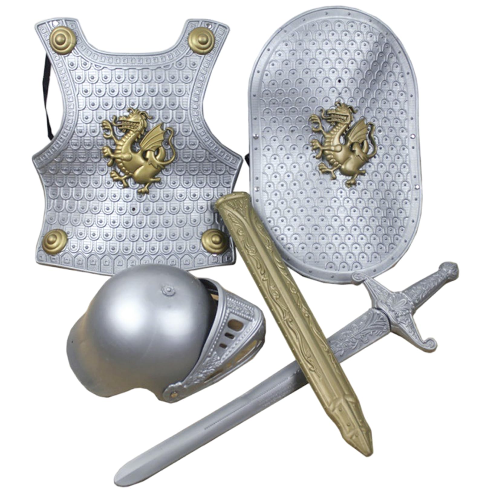 DAGLLGEW Knight Costume Kids 4PCS/Set Medieval Knight Armor Includes Helmet, Shield, Sword and Armor, Kids Dress Up Costumes for Halloween Cosplay Role Play Medieval Costume