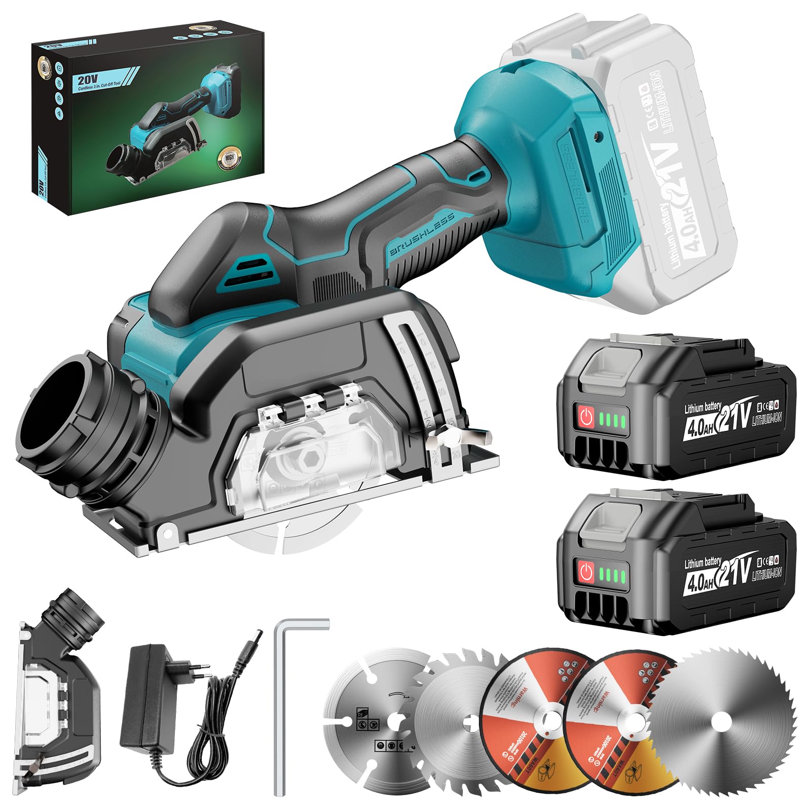 Mini Meuleuse d'angle sans fil Compatible avec Batterie Makita 18V, 76mm 19500tr/min, 2 Batteries 4,0Ah, 5 Disques