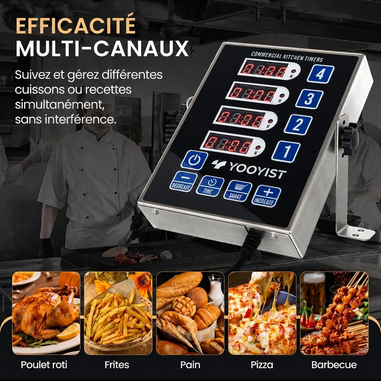 Minuterie de Cuisine Commerciale à 4 Canaux Minuterie de Restaurant Numérique Professionnelle Multi Calculagraphe Alarme Forte Camion de Nourriture Cuisson Acier Inoxydable Robuste