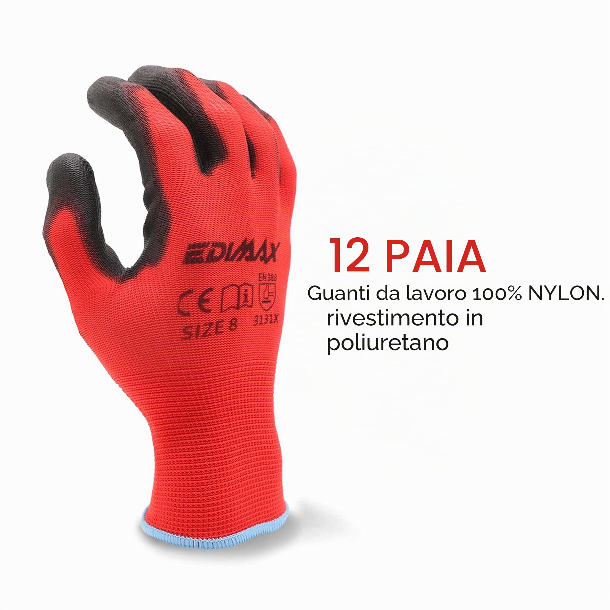 EDIMAX, Guanti da Lavoro, 12 Paia di Guanti, Resistenti all'Abrasione e Antitaglio Livello 2, Rivestiti in nylon PU, Versatile, Protezione Meccanica e Industriale