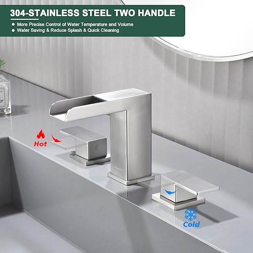 Miniatura 5 de OMEKNTOP Grifo de baño de níquel cepillado, 8 pulgadas, cascada, grifo de lavabo de 3 agujeros, grifo de baño con drenaje desplegable y manguera,