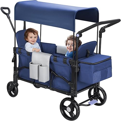 Stroller Wagon for 2 Kids, Baby Wagon Stroller with Adjustable Handle for Infants and Toddlers (Light Blue)