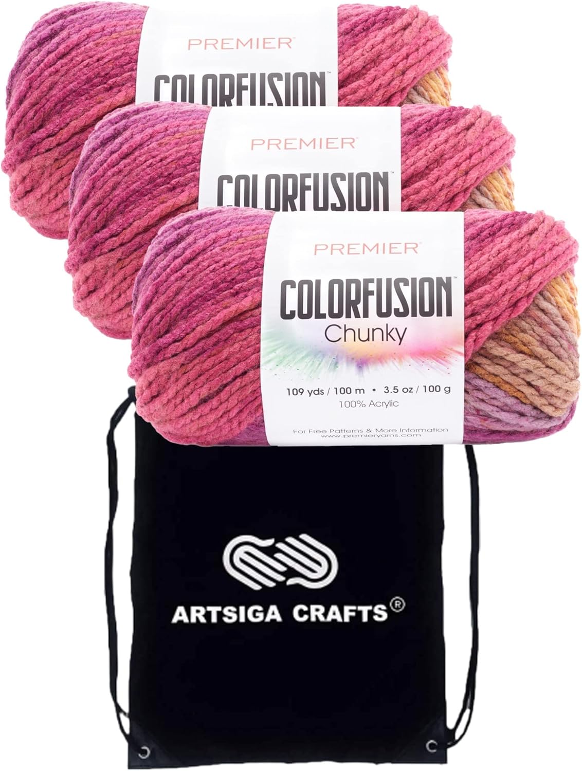 Premier Yarns Colorfusion Chunky Autumn Sky 1174-02 (3-Skeins - Same Dye Lot) Chunky Bulky #5 Acrylic Yarn for Crocheting and Knitting with Project Bag