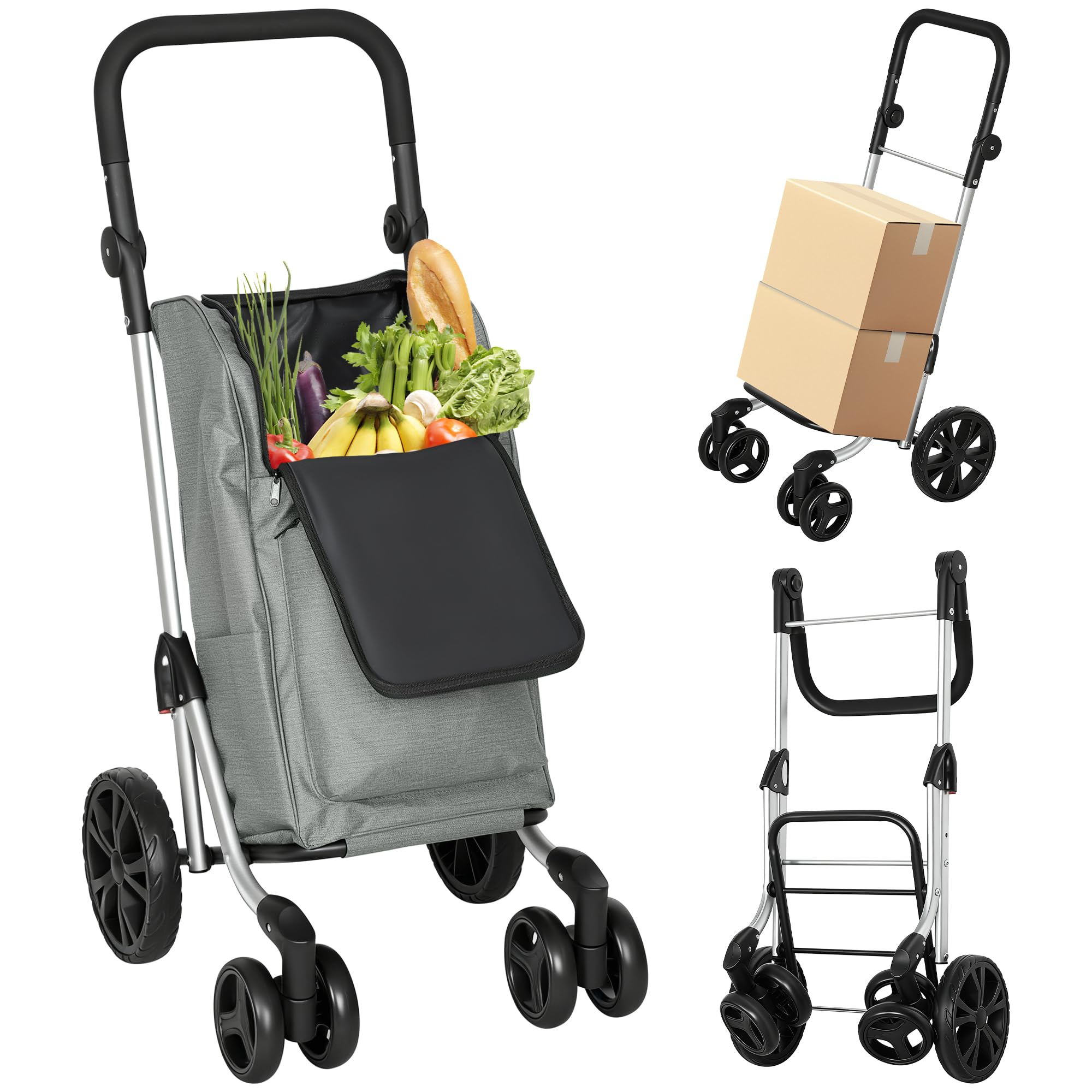 HOMCOM Carrello Spesa Pieghevole in Alluminio con Ruote, 3 in 1 Carrellino Spesa con Borsa in Tessuto Oxford 600D da 46L, Tracolla, Scomparto Refrigerato, Manico Regolabile, Grigio