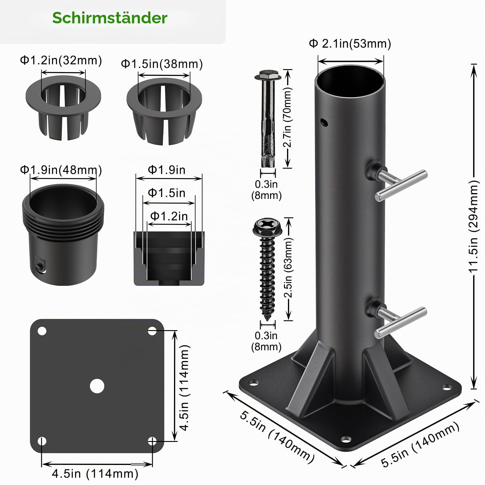 Robuster Sockel für Terrassenschirmständer, Außendeckhalterung für Stangen bis zu 2 Zoll, vollständig verschweißt, 4 Feste Hülsen, winddichtes Design für Terrasse, Balkon, Poolrand, Garten