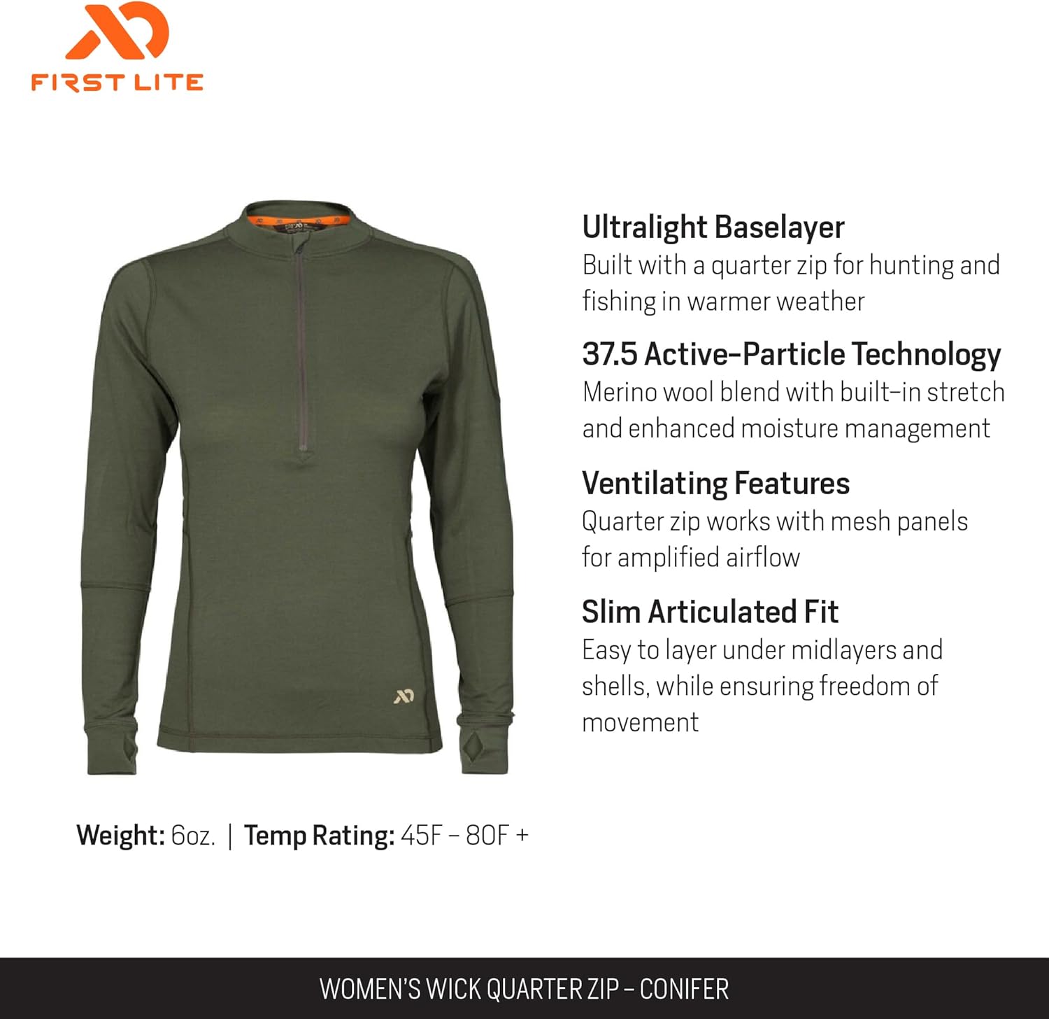 First Lite Women's Wick Quarter Zip - Ultralight Merino Wool Camo Hunting Baselayer