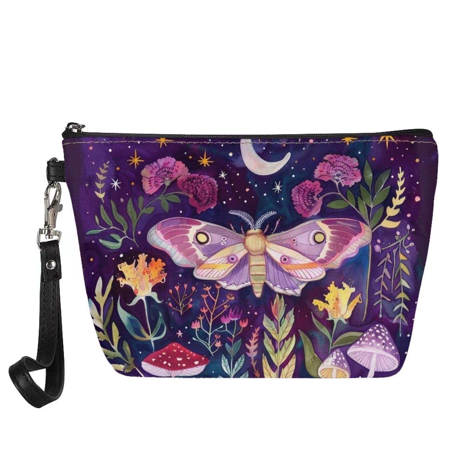 Xhuibop Mushroom Forest Moth Cosmetic Pouch for Women Makeup Bag Small for Purse PU Leather Cosmetic Bags for Women Travel Lightweight Makeup Case