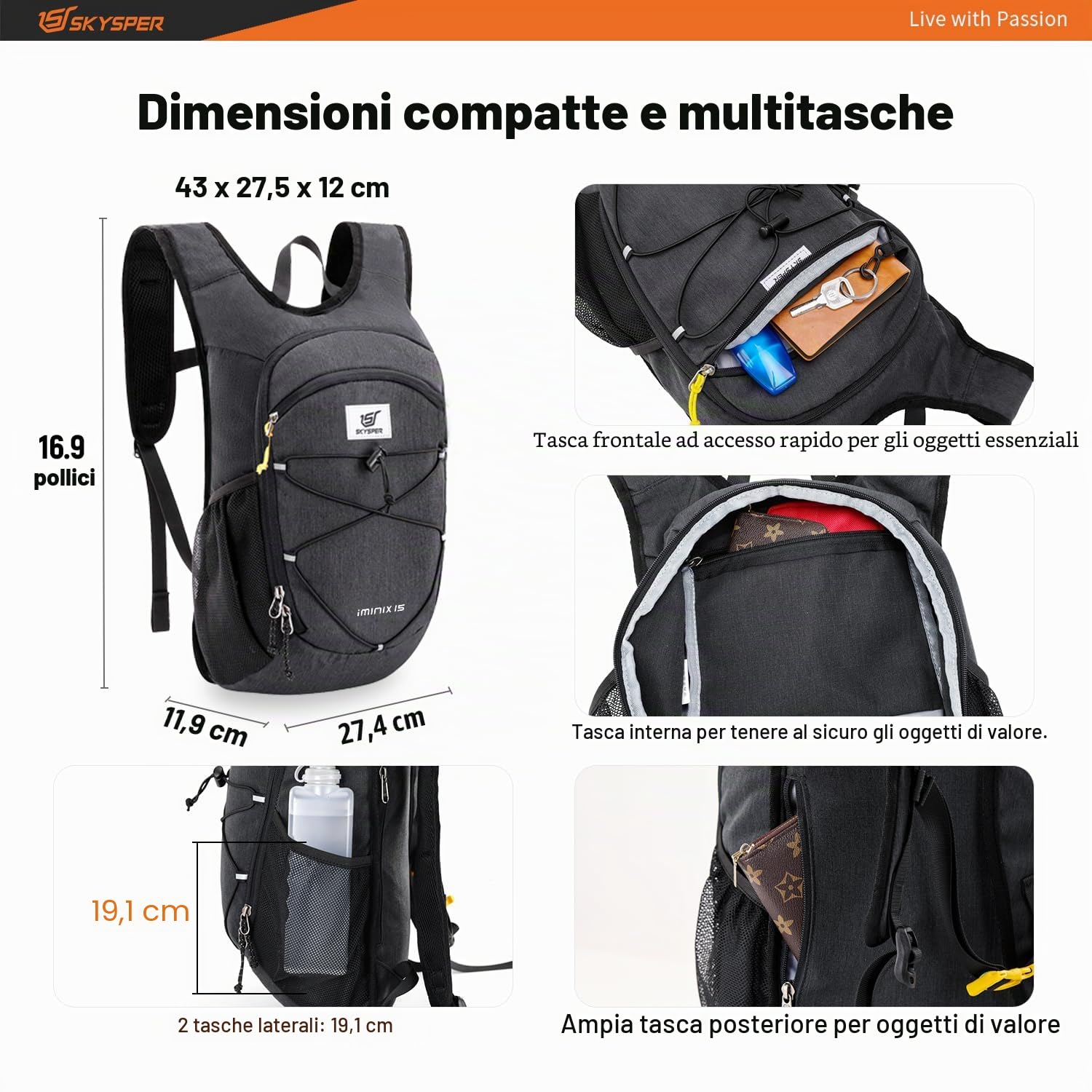 SKYSPER Zaino Pieghevole Leggero 15L Escursione Cinturino Pettorale Ripiegabile da Viaggio Uomo Donna
