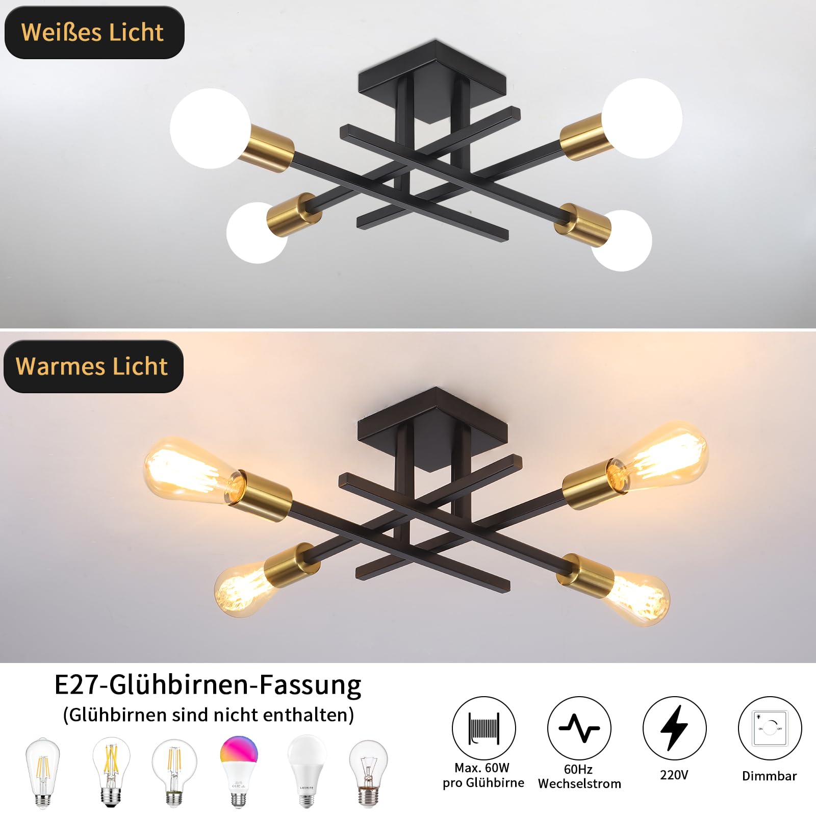 Deckenlampe Vintage, Deckenleuchte 4 Flammig Lampen Wohnzimmer, Leuchter Wohnzimmerlampe Sputnik Kronleuchter Lampe Schlafzimmer KüChe Esszimmer Flur, E27 Fassung