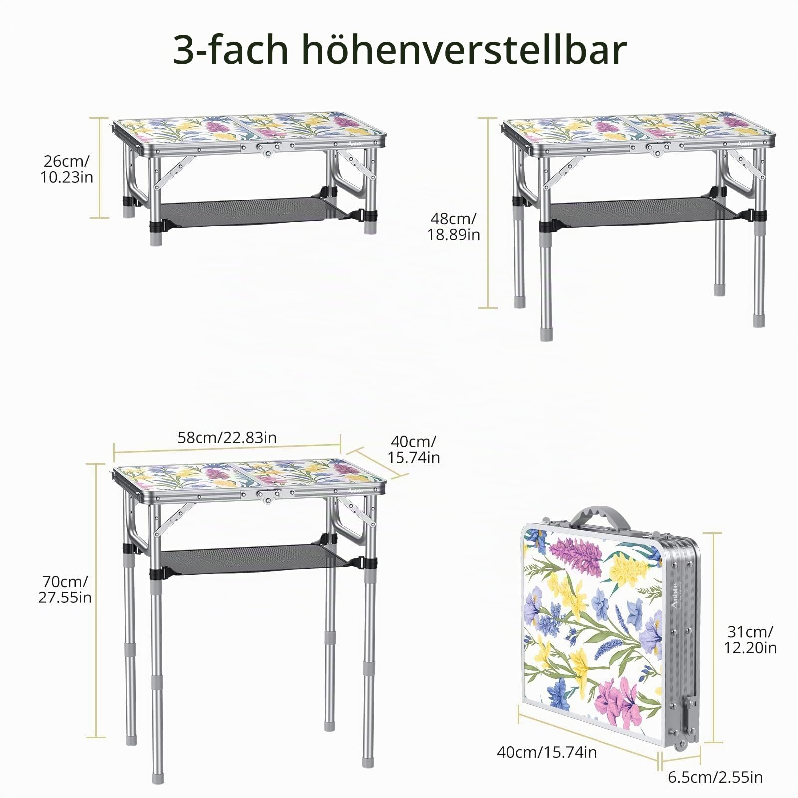 Anbte Campingtisch 58x40cm mit 3 Höhenverstellbar 26/48/70cm, Leicht | Tragbar Picknicktisch mit Aluminium Rahmen & MDF-Tischplatte Blühende Blumen, Kleine Klapptisch für Camping Strand Balkon