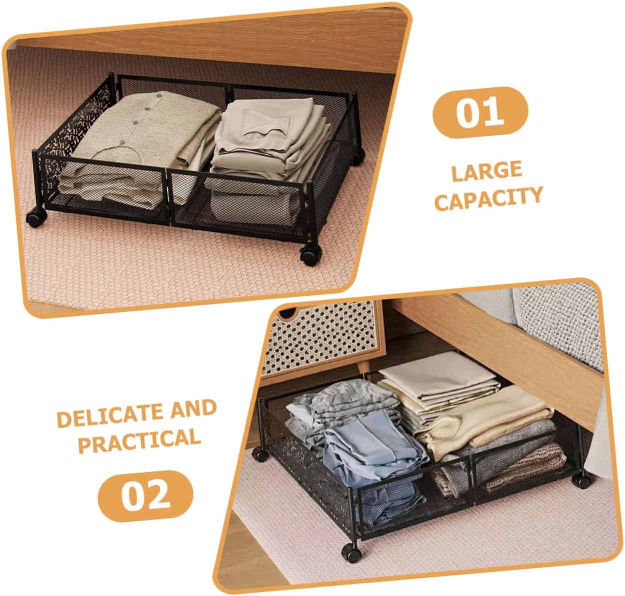 under Bed Organizer Wheels Stainless Steel Storage Rack for Space Saving Mesh Design for Clothes and Bedding Easy to Move and Store